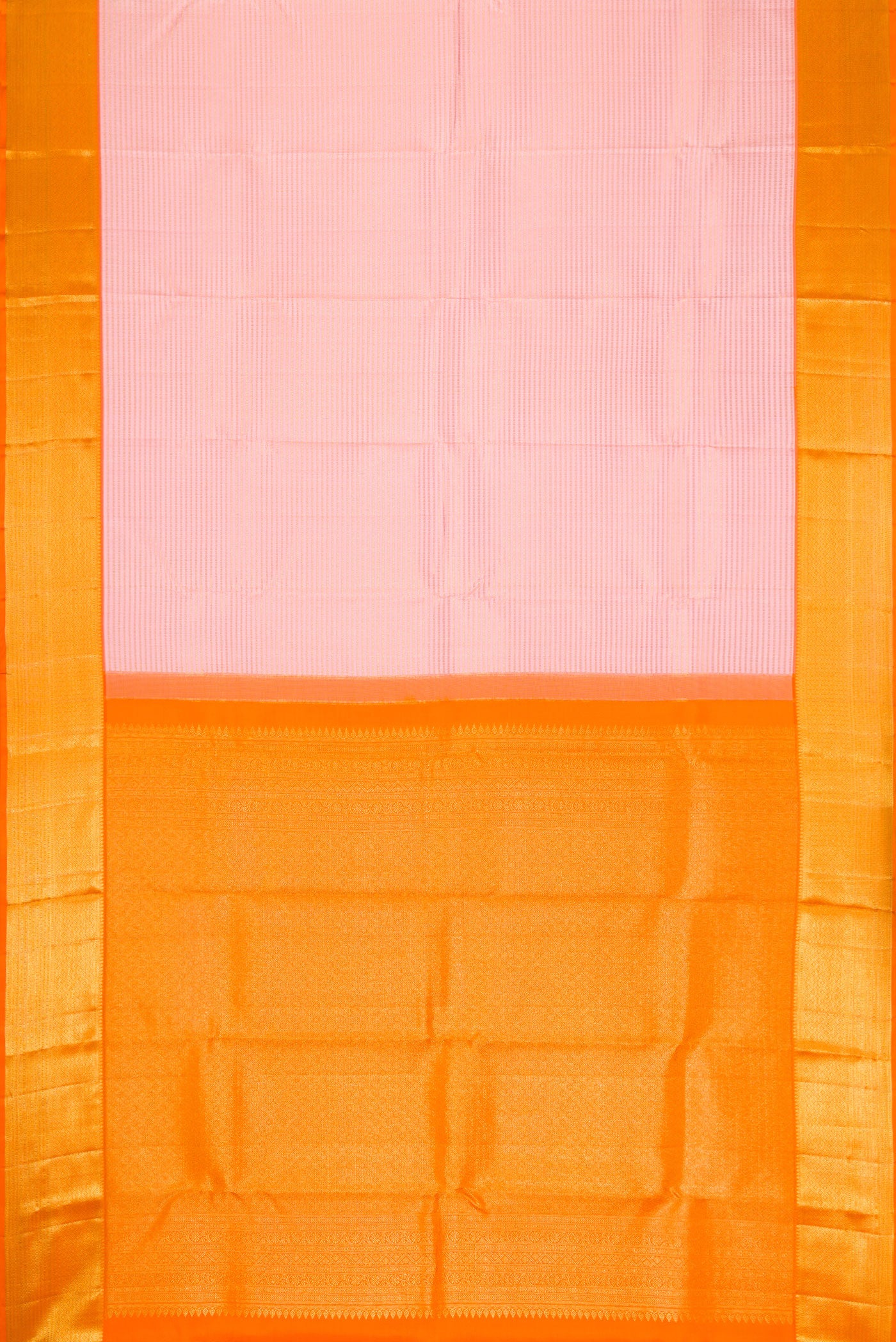 Flat view of Pink Dual Tone Kanchipuram Silk Saree with Zari Brocade on the body and Zari Border. 