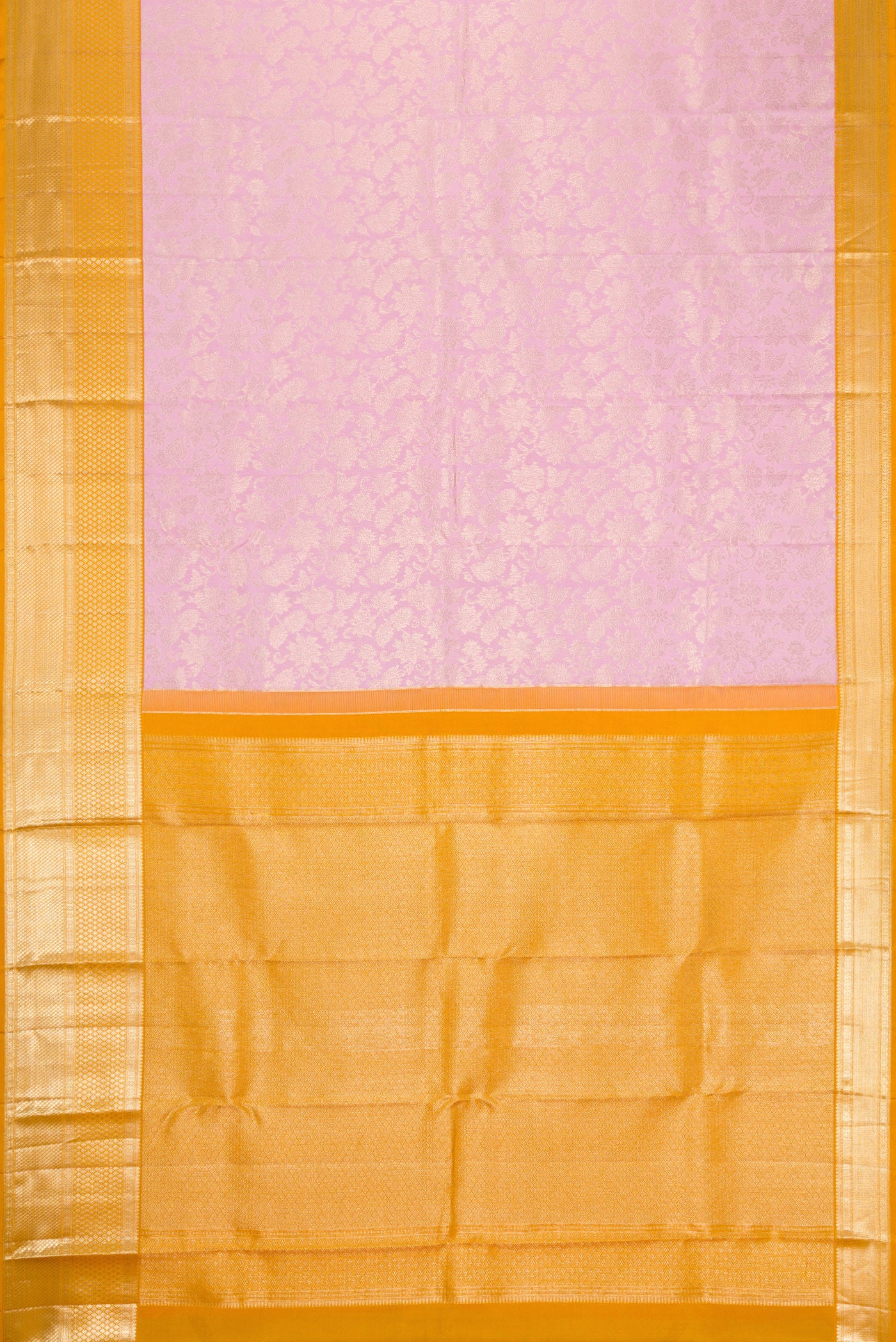 Flat view of Lavender Dual Tone Kanjivaram Silk Saree with Zari Brocade on the body and Zari Border. 