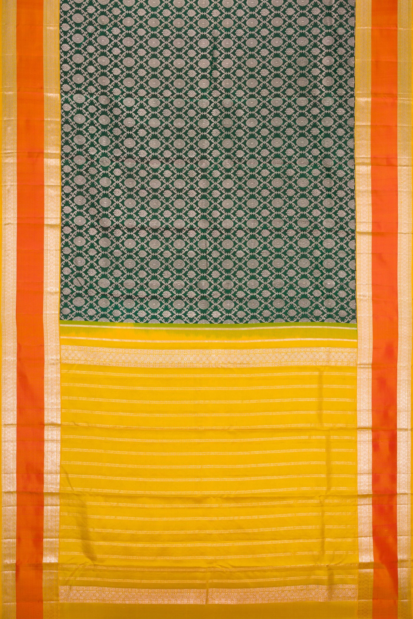 Flat view of Bottle Green Dual Tone Kanjivaram Silk Saree with Zari Brocade on the body and Zari Border. 