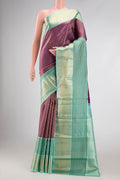 Purple Dual Tone Kanjivaram Silk Saree with Zari Brocade on the body and Zari Border.  displayed on a mannequin