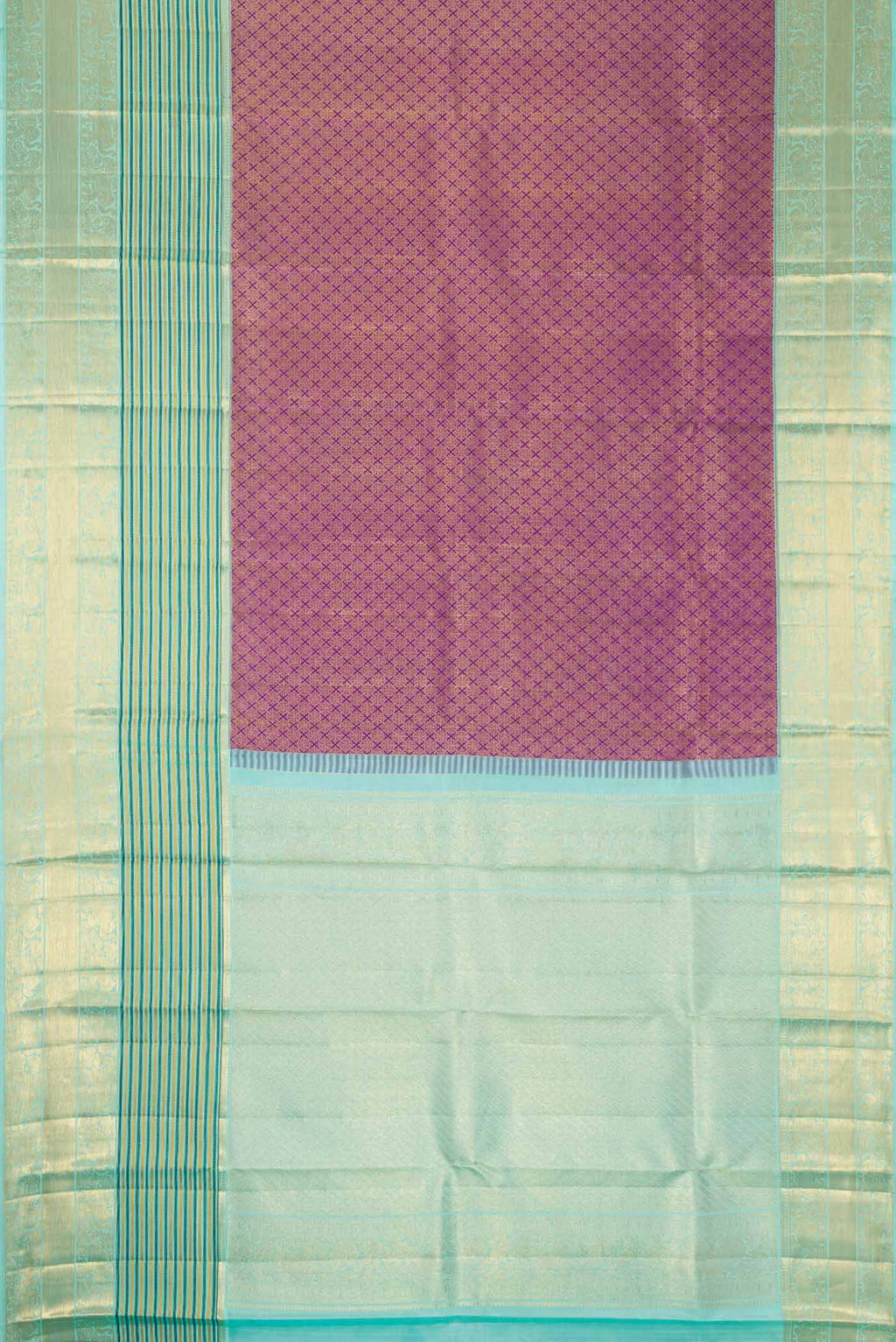 Flat view of Purple Dual Tone Kanjivaram Silk Saree with Zari Brocade on the body and Zari Border. 