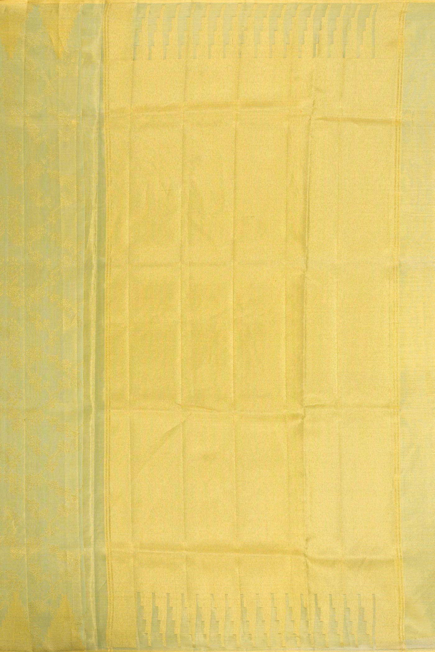 Close up image of the pallu of Light Green Dual Tone Kanchipuram Tissue Silk Saree with Zari Brocade on the body and Zari Border. 