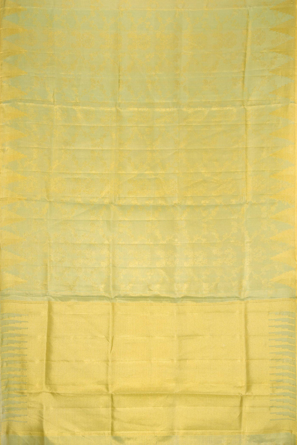 Flat view of Light Green Dual Tone Kanchipuram Tissue Silk Saree with Zari Brocade on the body and Zari Border. 