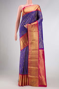 Royal Blue Dual Tone Kanjivaram Silk Saree with Zari Brocade on the body and Zari Border.  displayed on a mannequin