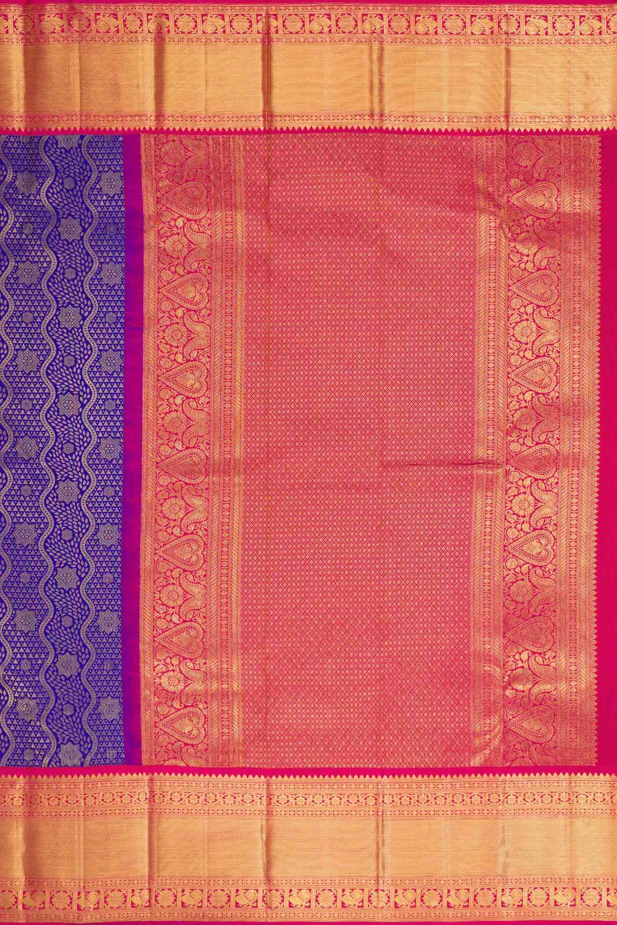 Close up image of the pallu of Royal Blue Dual Tone Kanjivaram Silk Saree with Zari Brocade on the body and Zari Border. 