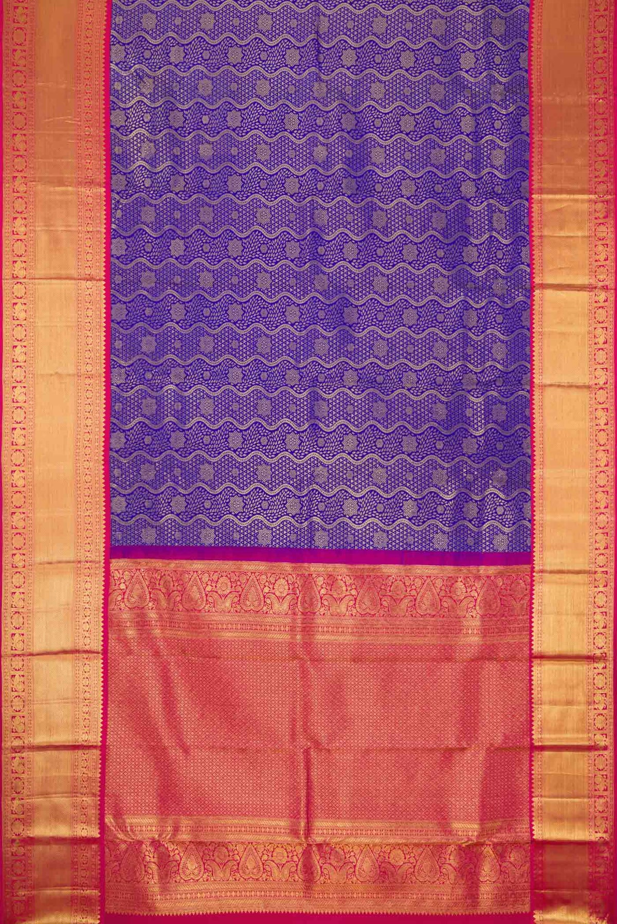 Flat view of Royal Blue Dual Tone Kanjivaram Silk Saree with Zari Brocade on the body and Zari Border. 