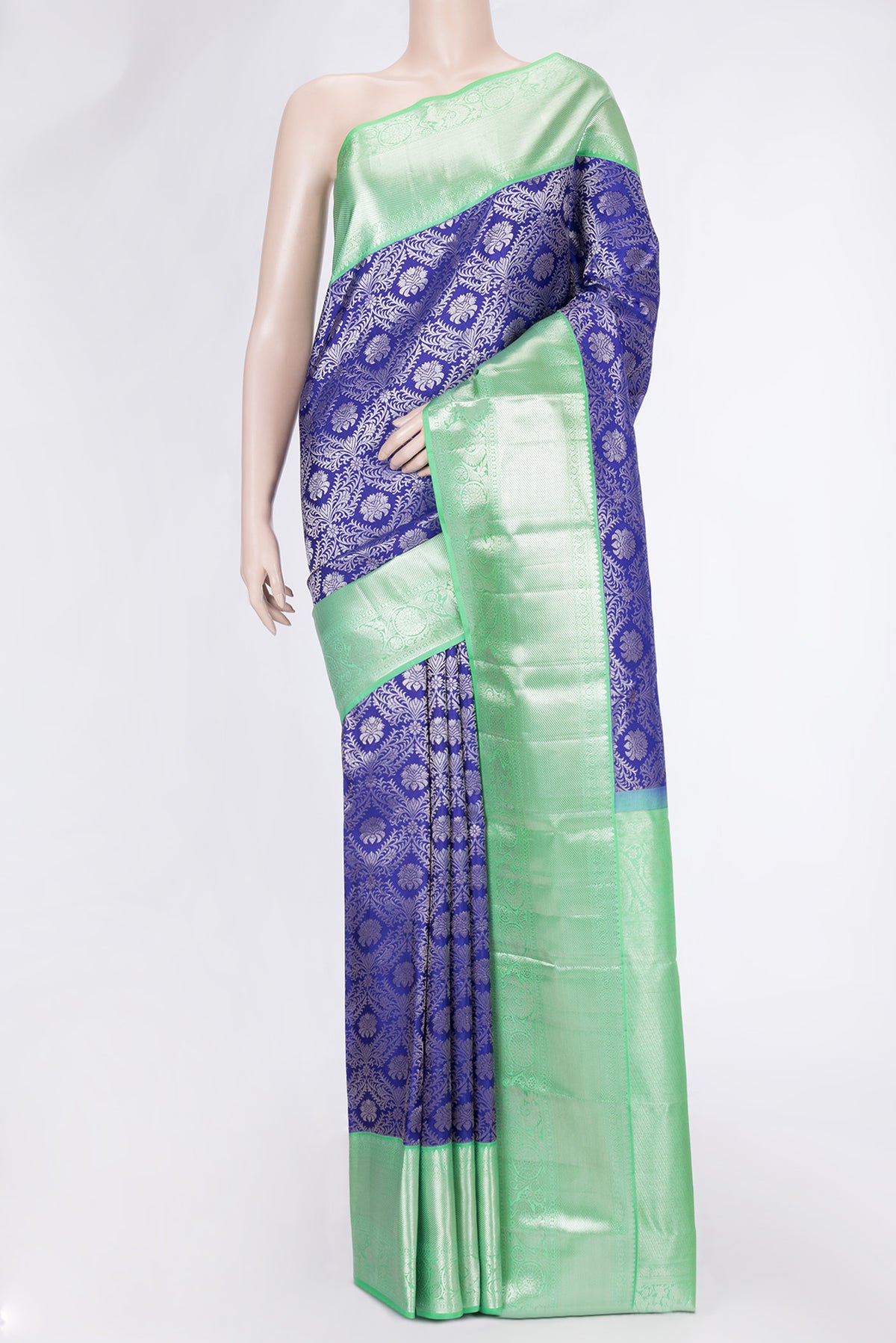 Royal Blue Dual Tone Kanjivaram Silk Saree with Zari Brocade on the body and Zari Border.  displayed on a mannequin