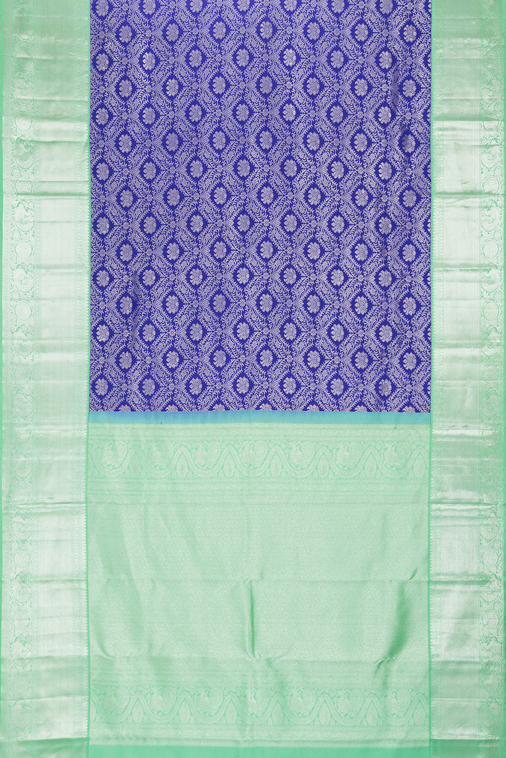 Flat view of Royal Blue Dual Tone Kanjivaram Silk Saree with Zari Brocade on the body and Zari Border. 