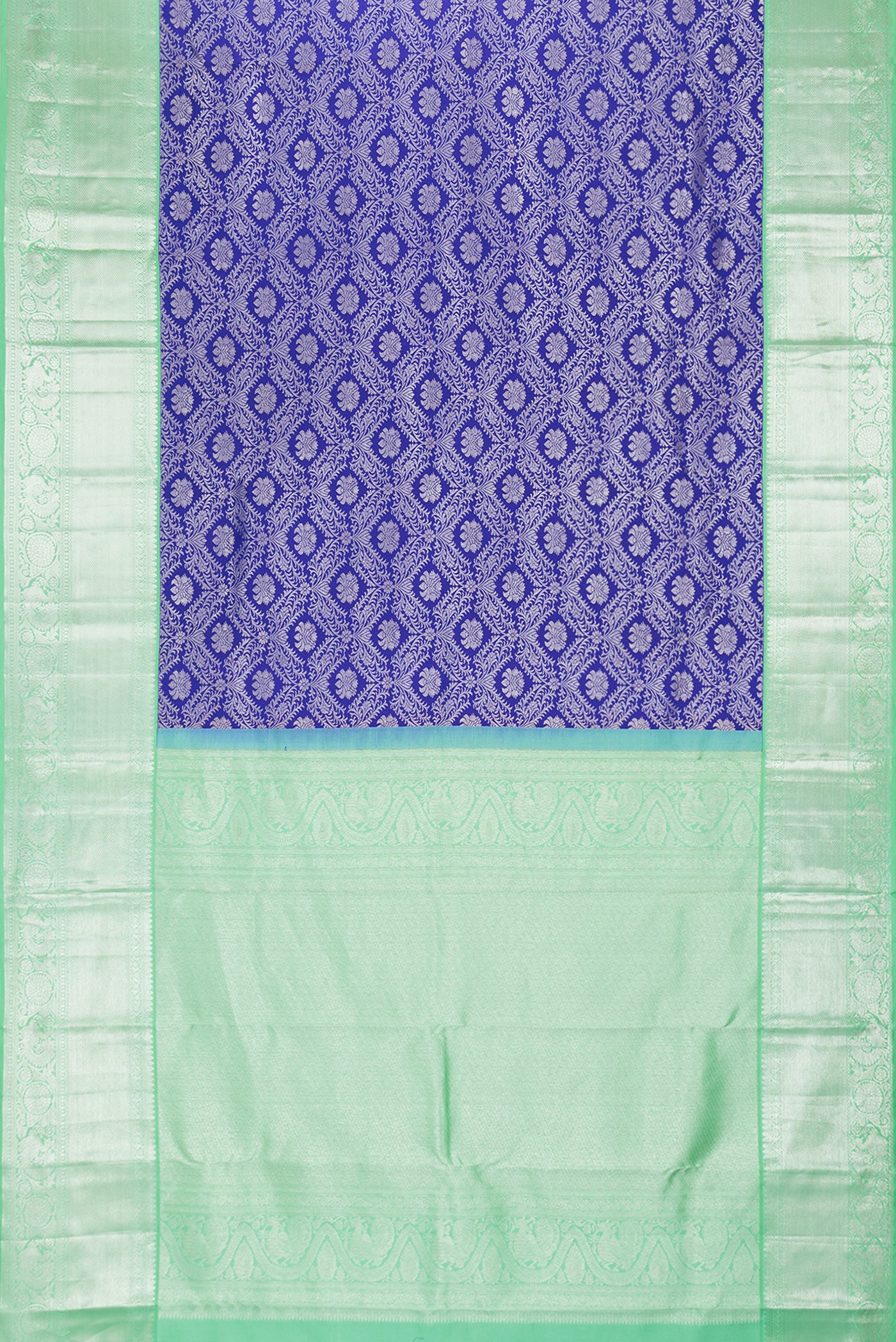 Flat view of Royal Blue Dual Tone Kanjivaram Silk Saree with Zari Brocade on the body and Zari Border. 