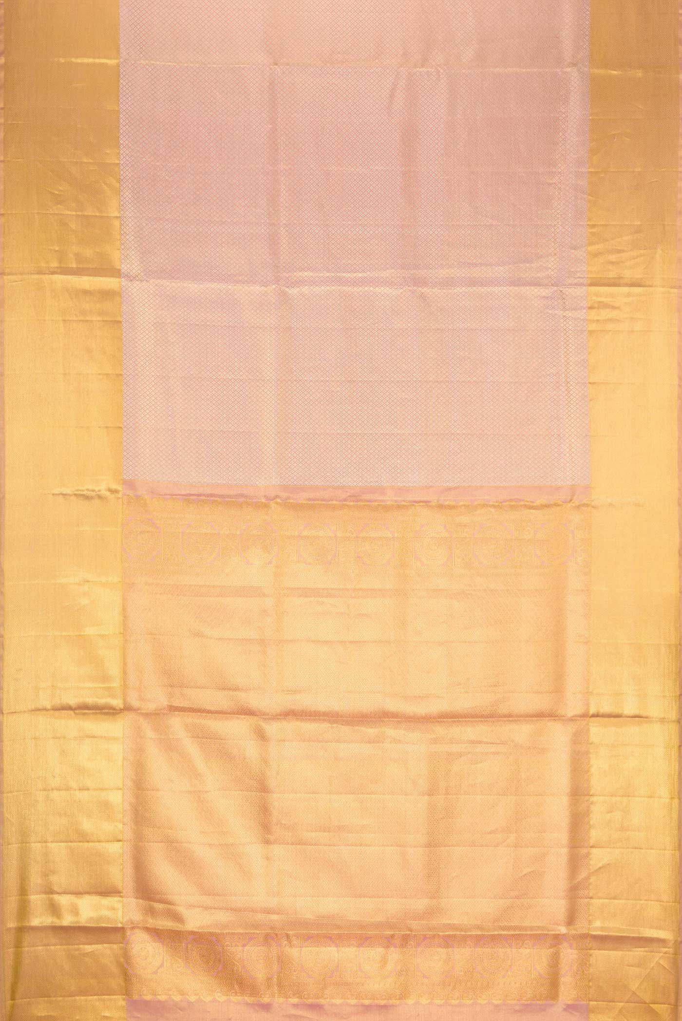 Flat view of Lilac Dual Tone Kanjivaram Tissue Silk Saree with Zari Brocade on the body and Zari Border. 
