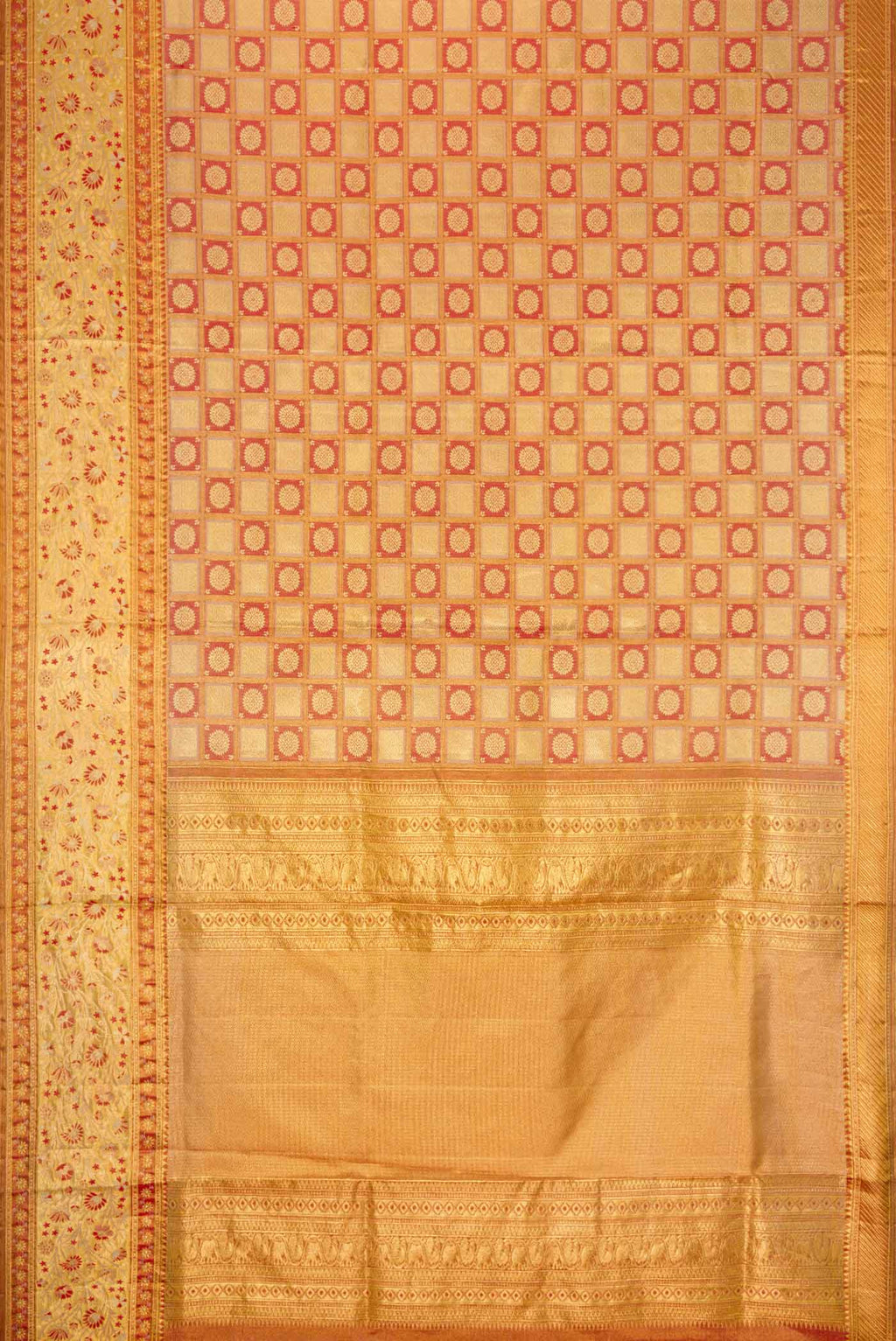 Flat view of Red Dual Tone Kanchipuram Tissue Silk Saree with Zari Brocade on the body and Zari Border. 