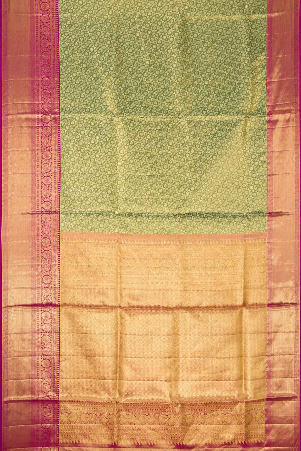 Flat view of Green Dual Tone Kanchipuram Tissue Silk Saree with Zari Brocade on the body and Zari Border. 