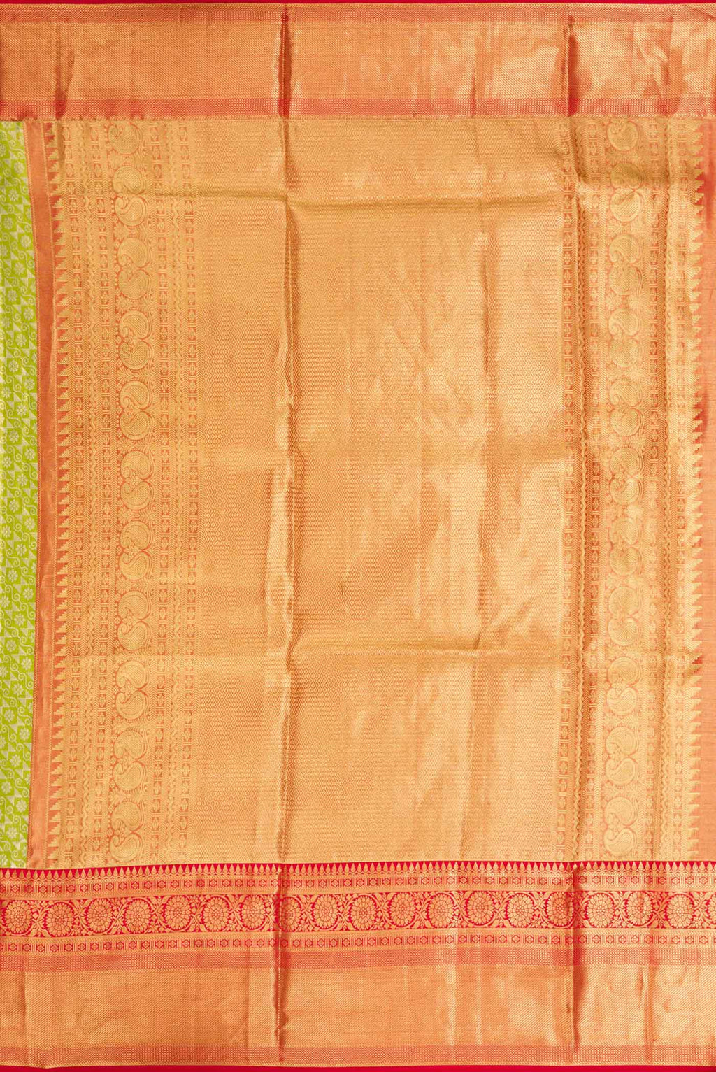 Close up image of the pallu of Green Dual Tone Kanchipuram Tissue Silk Saree with Zari Brocade on the body and Zari Border