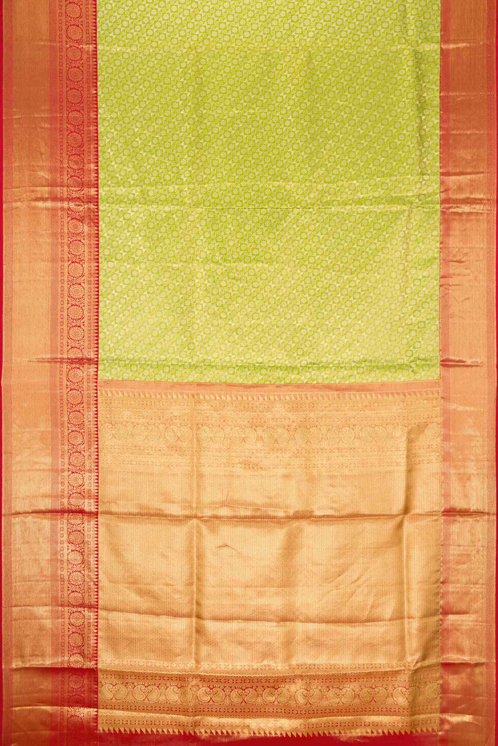 Flat view of Green Dual Tone Kanchipuram Tissue Silk Saree with Zari Brocade on the body and Zari Border