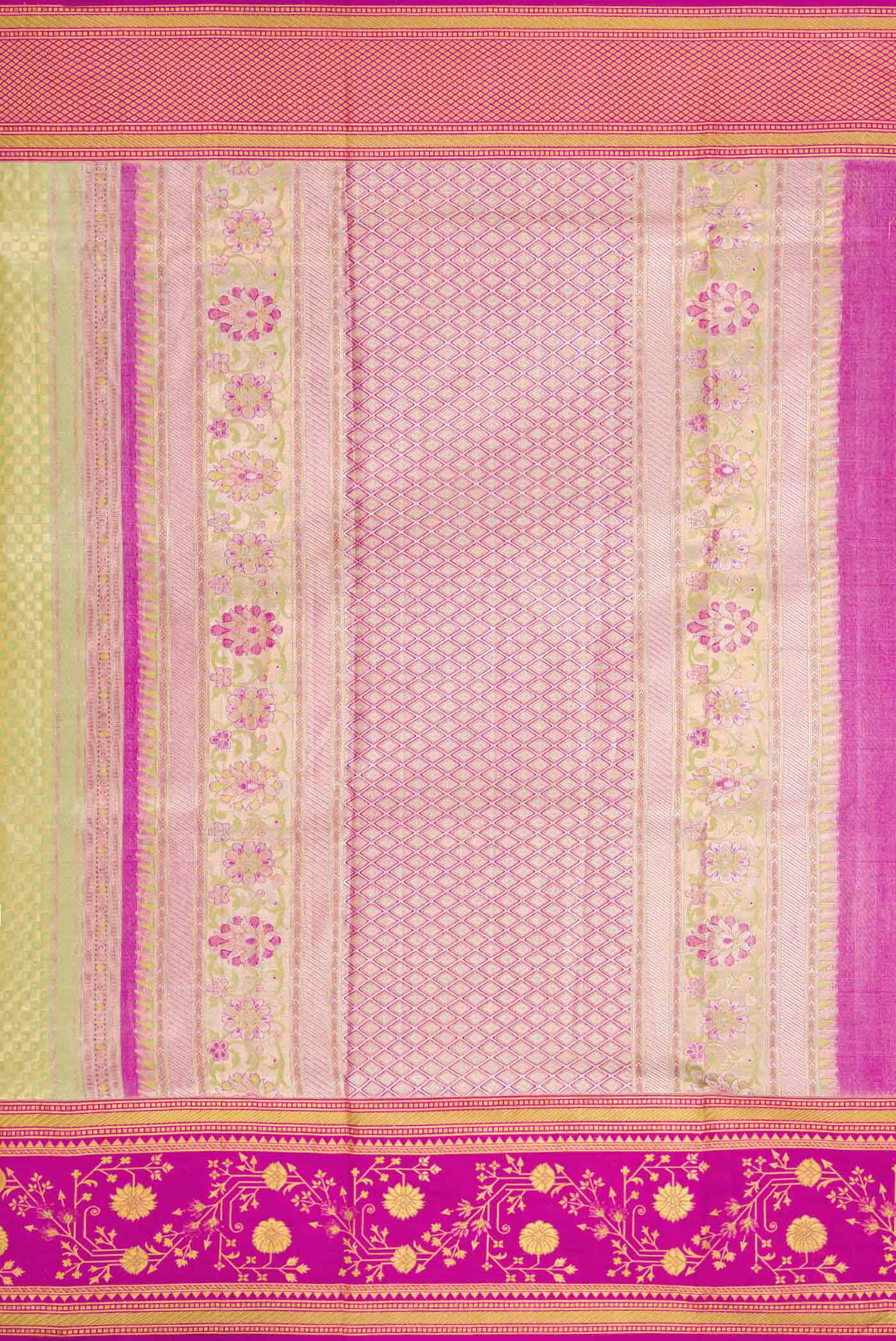 Close up image of the pallu of Light Green Dual Tone Kanchipuram Tissue Silk Saree with Zari Brocade on the body and Fancy Border. 