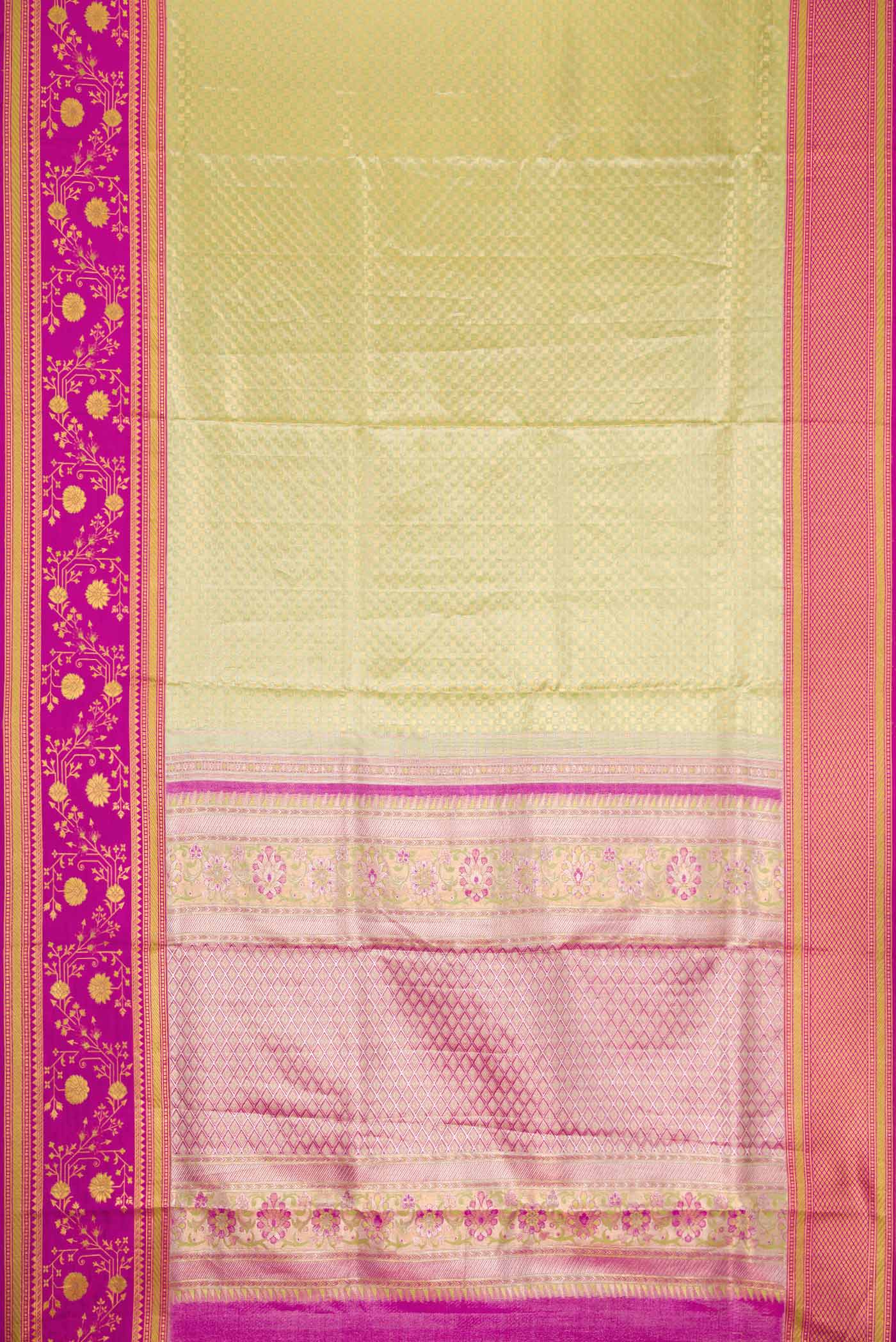 Flat view of Light Green Dual Tone Kanchipuram Tissue Silk Saree with Zari Brocade on the body and Fancy Border. 