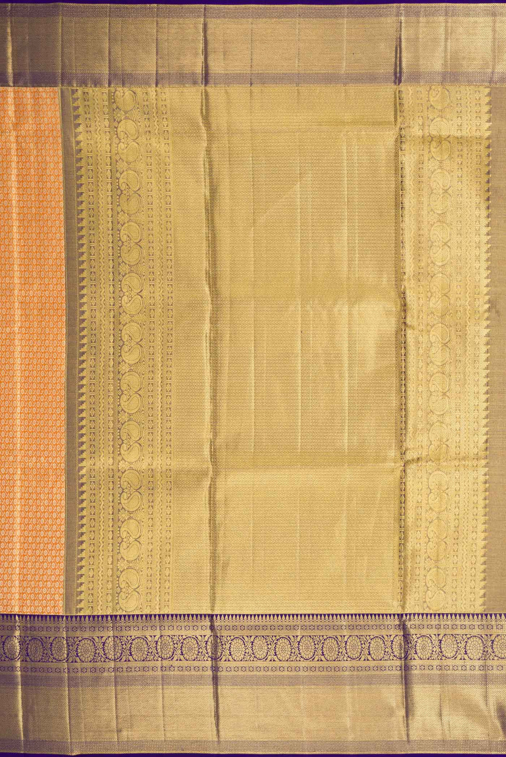 Close up image of the pallu of Golden Peach Dual Tone Kanchipuram Tissue Silk Saree with Zari Brocade on the body and Zari Border. 