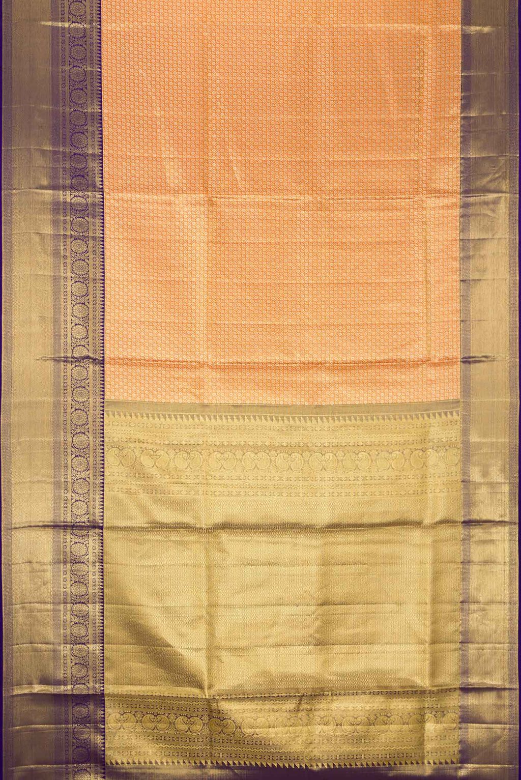 Flat view of Golden Peach Dual Tone Kanchipuram Tissue Silk Saree with Zari Brocade on the body and Zari Border. 