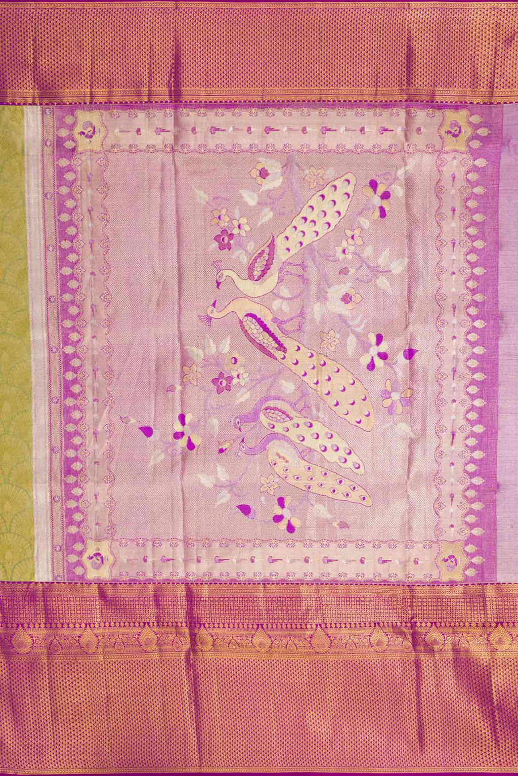 Close up image of the pallu of Green Dual Tone Kanchipuram Tissue Silk Saree with Zari Brocade on the body and Zari Border