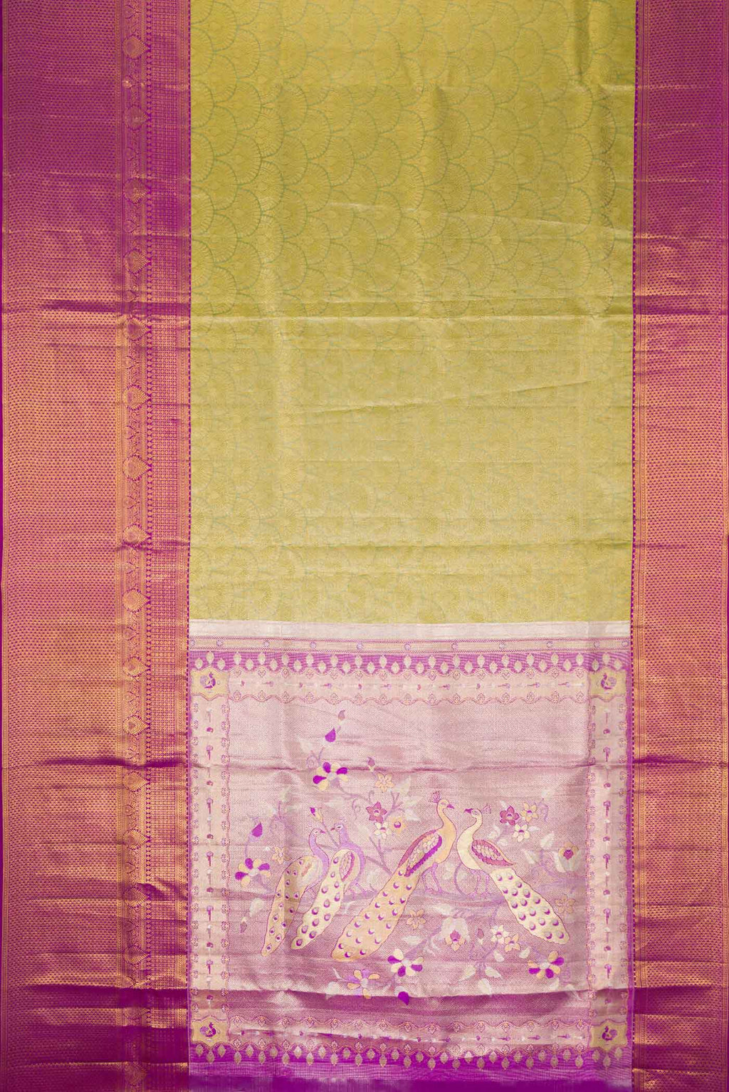 Flat view of Green Dual Tone Kanchipuram Tissue Silk Saree with Zari Brocade on the body and Zari Border