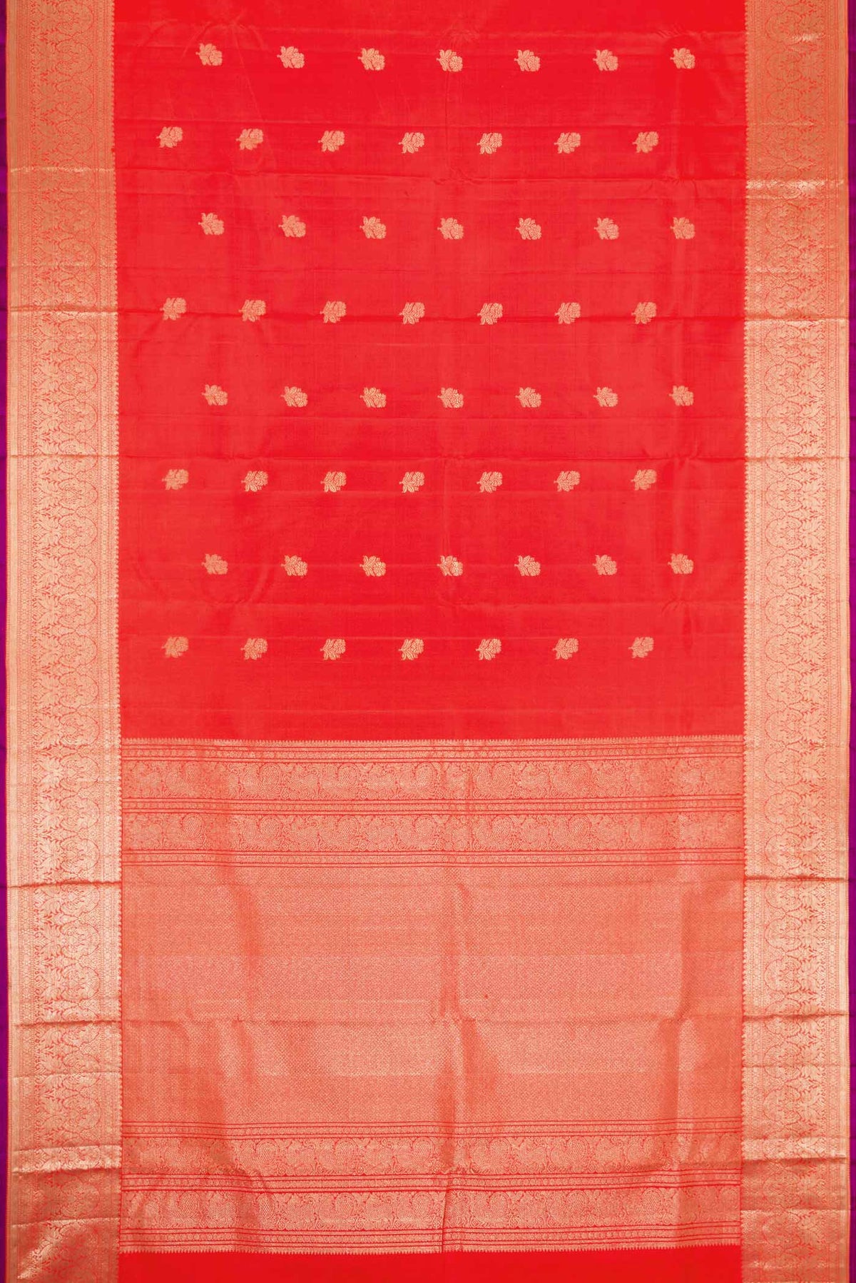 Flat view of Orange Dual Tone Kanchipuram Silk Saree with Zari Butta on the body and Zari Border