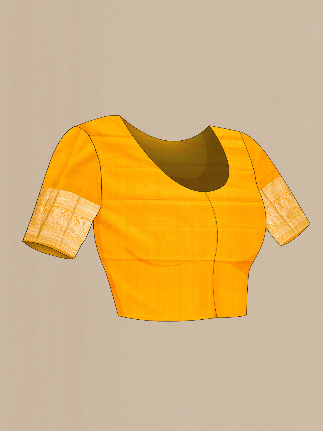 Close up image of the blouse of Mustard Kanchipuram Silk Saree with Zari Brocade on the body and Zari Border. 