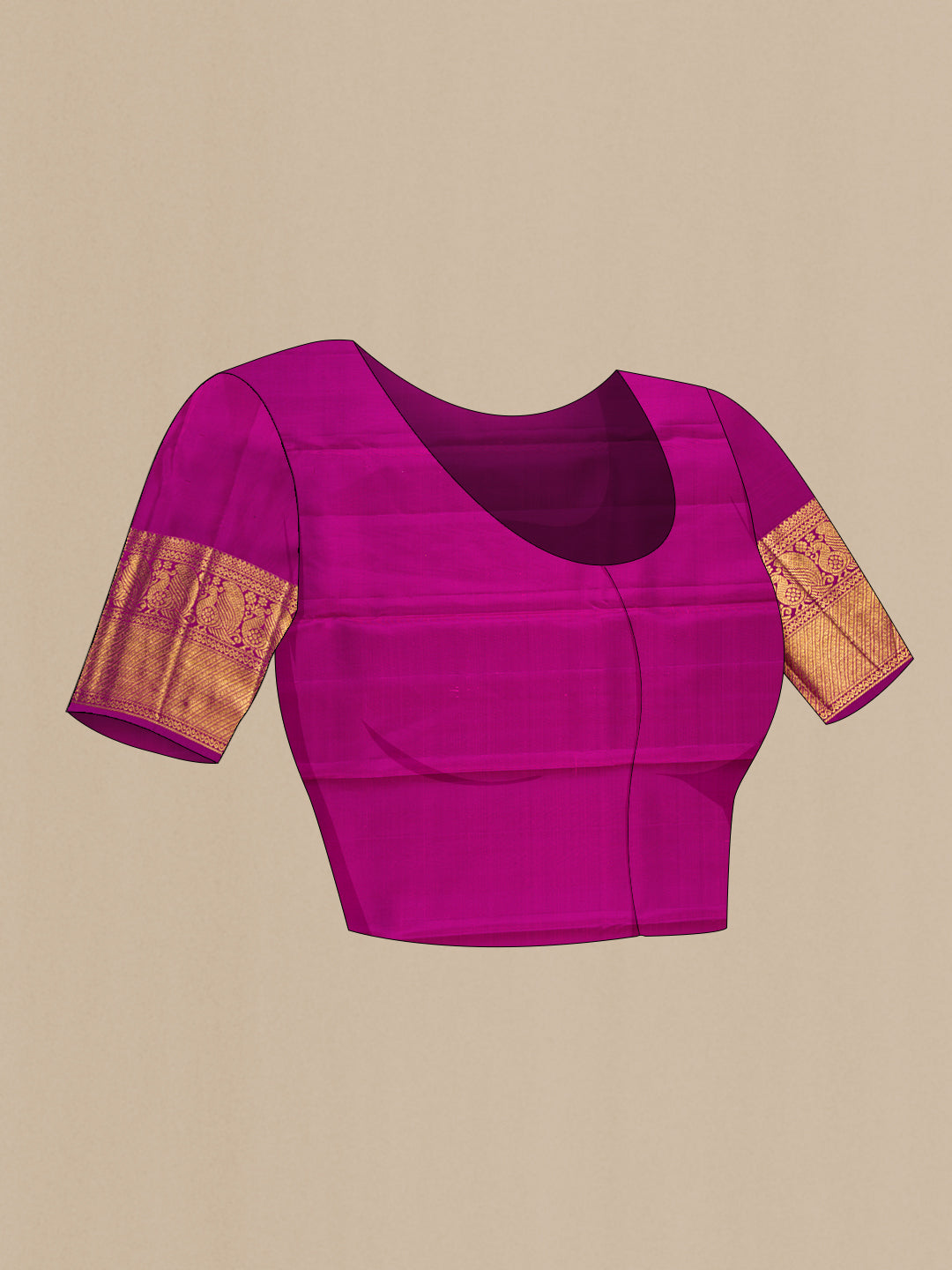 Close up image of the blouse of Golden Peach Dual Tone Kanchipuram Silk Saree with Zari Brocade on the body and Zari Border. 