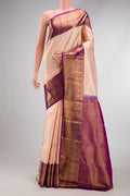 Golden Peach Dual Tone Kanchipuram Silk Saree with Zari Brocade on the body and Zari Border.  displayed on a mannequin