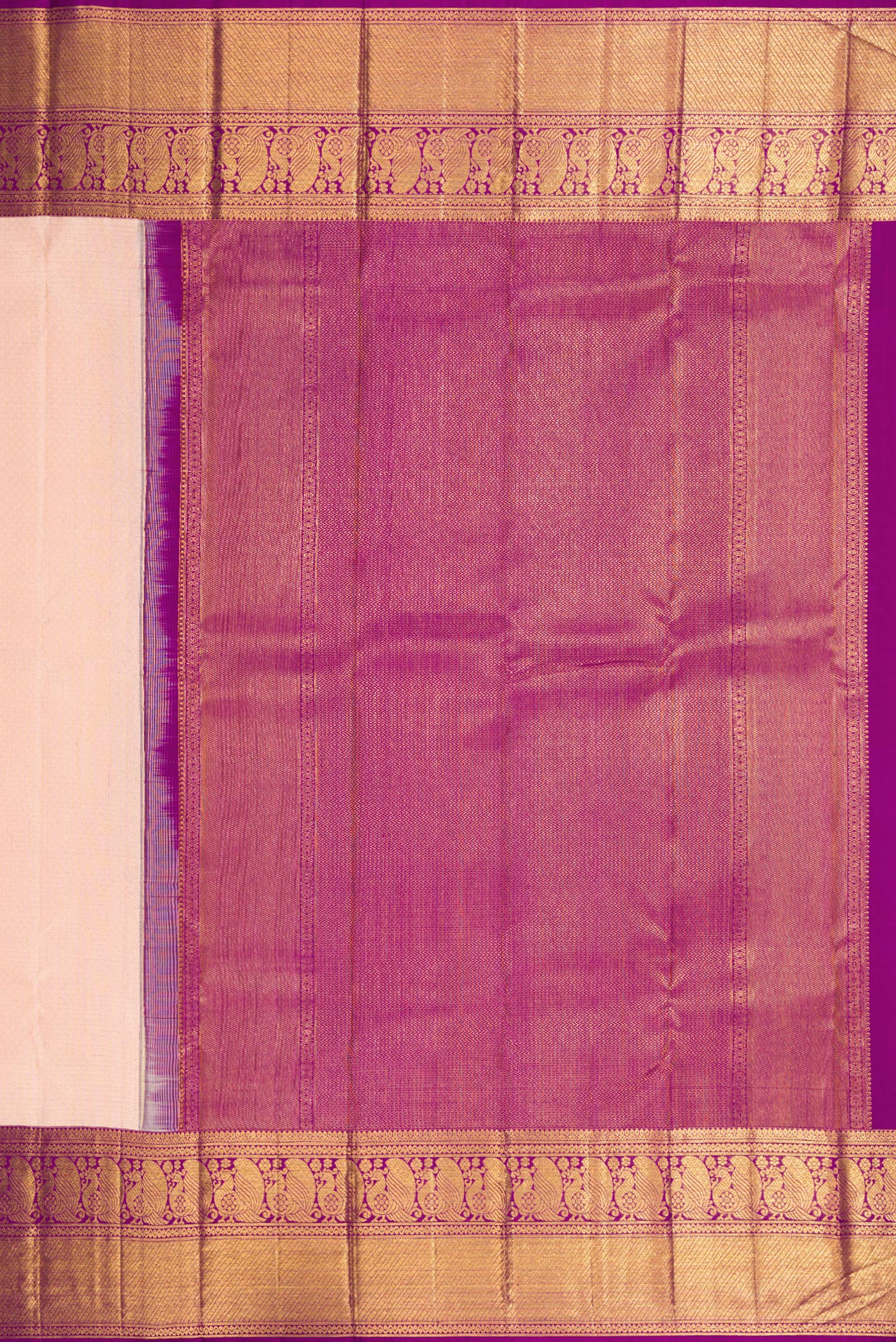 Close up image of the pallu of Golden Peach Dual Tone Kanchipuram Silk Saree with Zari Brocade on the body and Zari Border. 