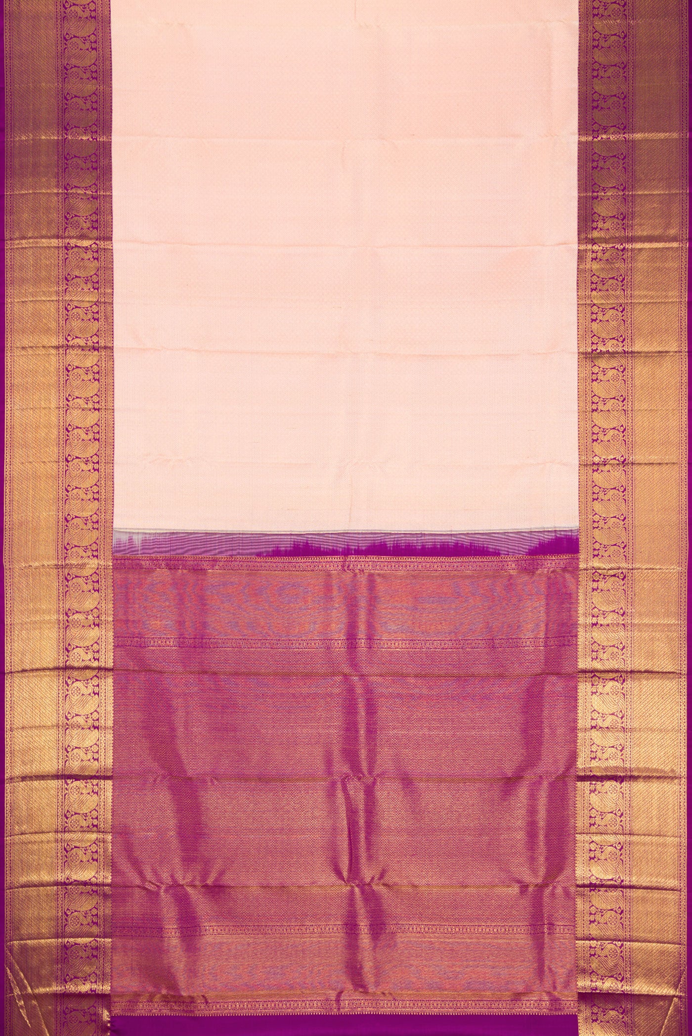 Flat view of Golden Peach Dual Tone Kanchipuram Silk Saree with Zari Brocade on the body and Zari Border. 