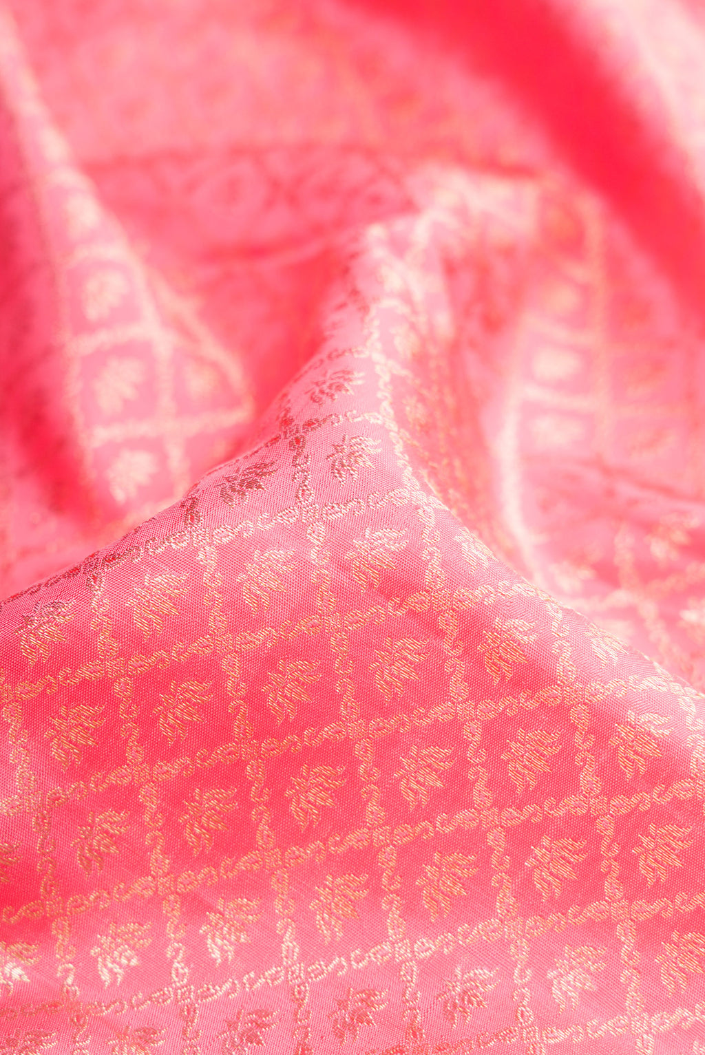 Close up of Pink Dual Tone Kanchipuram Silk Saree with Zari Brocade on the body and Zari Border.  displaying folds