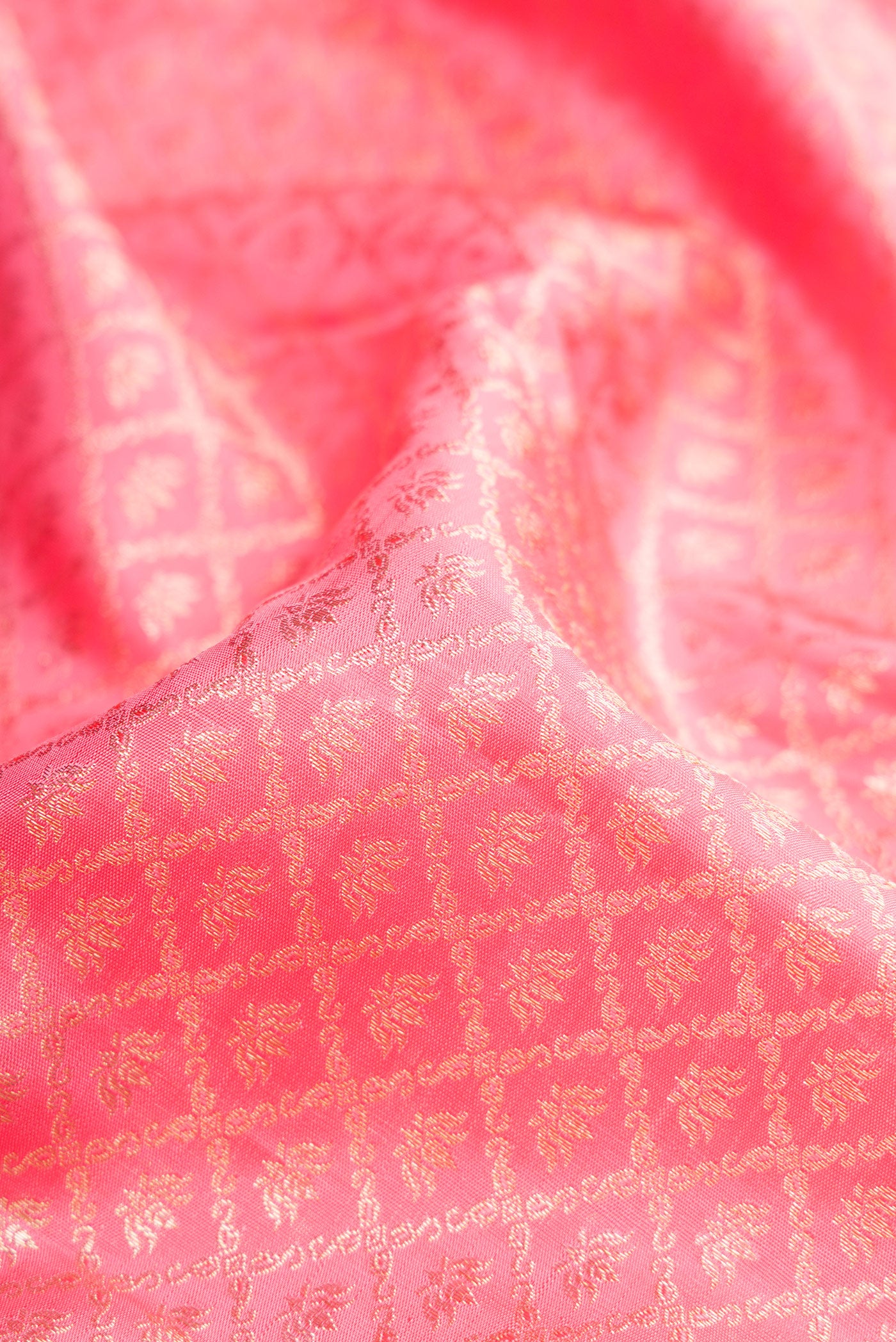 Close up of Pink Dual Tone Kanchipuram Silk Saree with Zari Brocade on the body and Zari Border.  displaying folds
