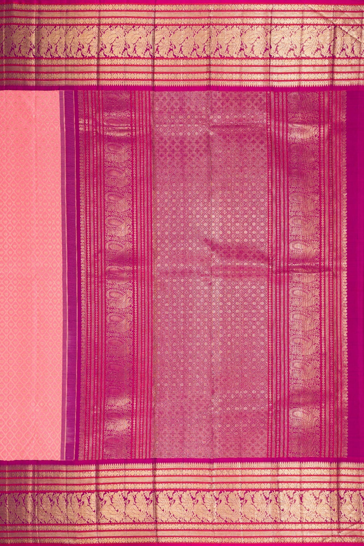 Close up image of the pallu of Pink Dual Tone Kanchipuram Silk Saree with Zari Brocade on the body and Zari Border. 
