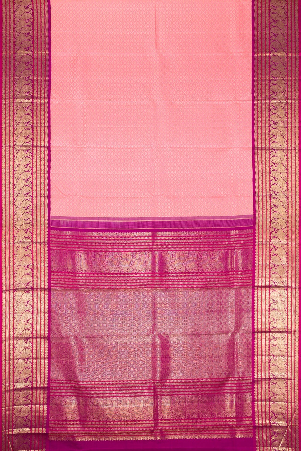 Flat view of Pink Dual Tone Kanchipuram Silk Saree with Zari Brocade on the body and Zari Border. 