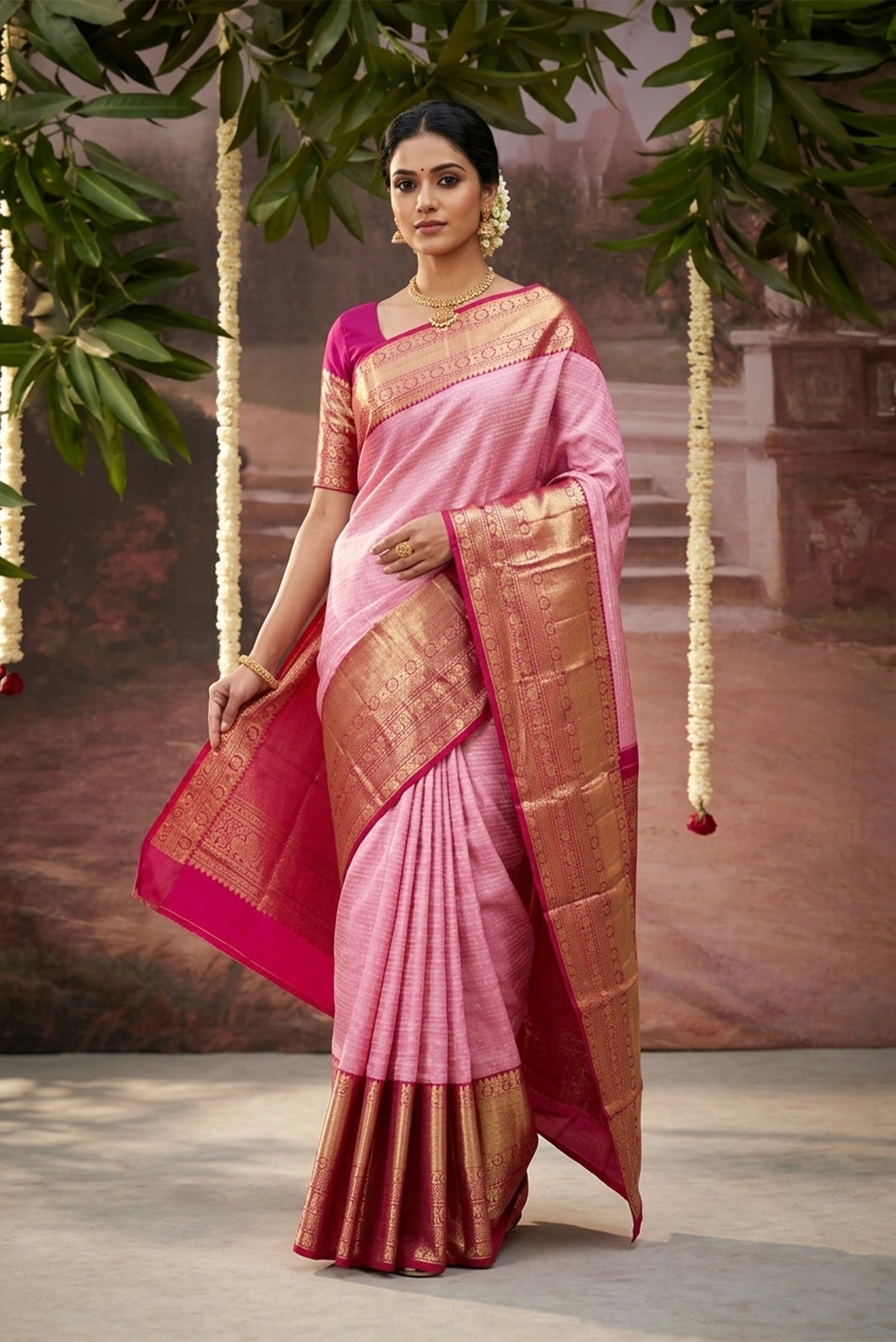 Model wearing a Pink Kanchipuram Silk Saree with Zari Brocade on the body and Zari Border.