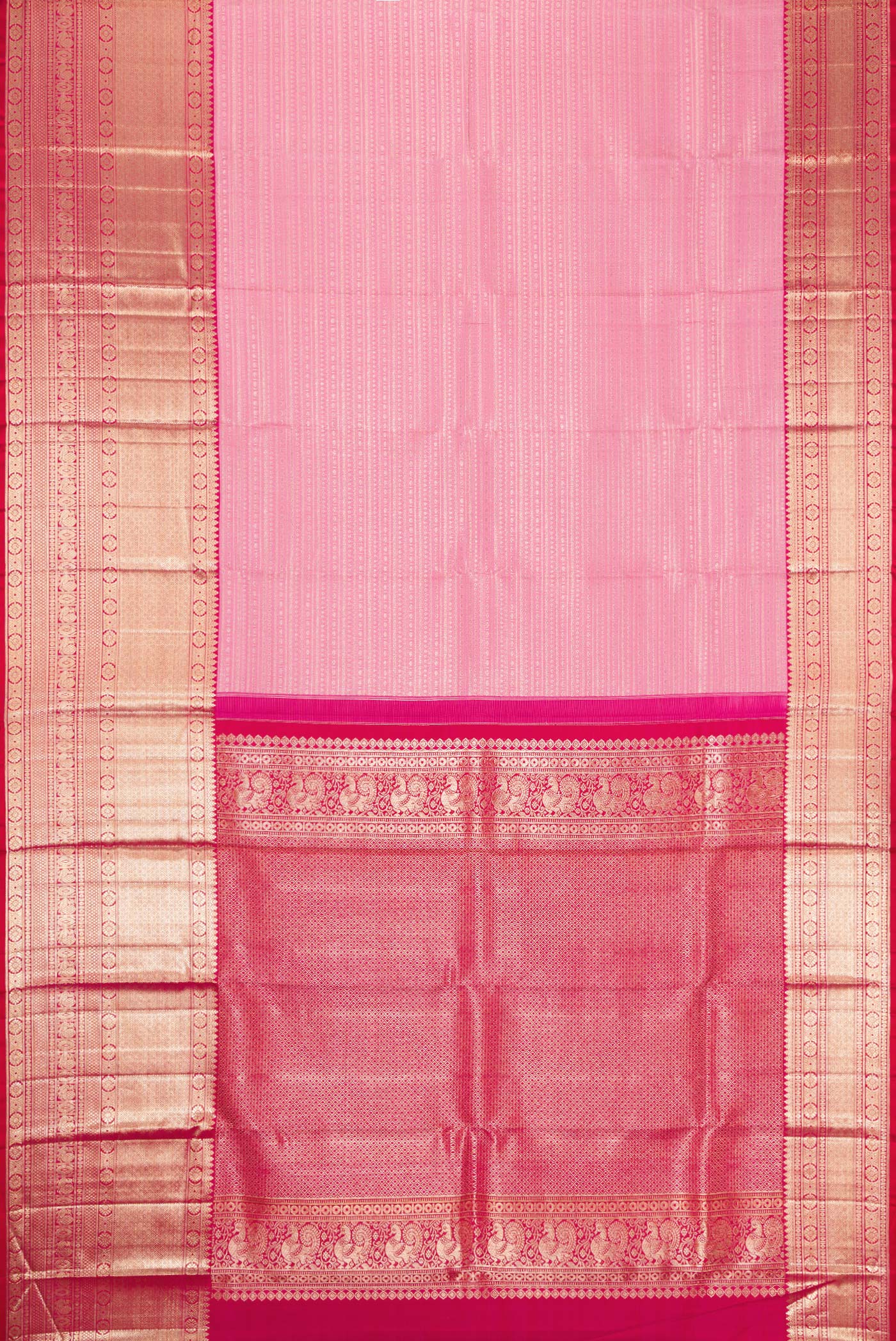 Flat view of Pink Dual Tone Kanchipuram Silk Saree with Zari Brocade on the body and Zari Border. 