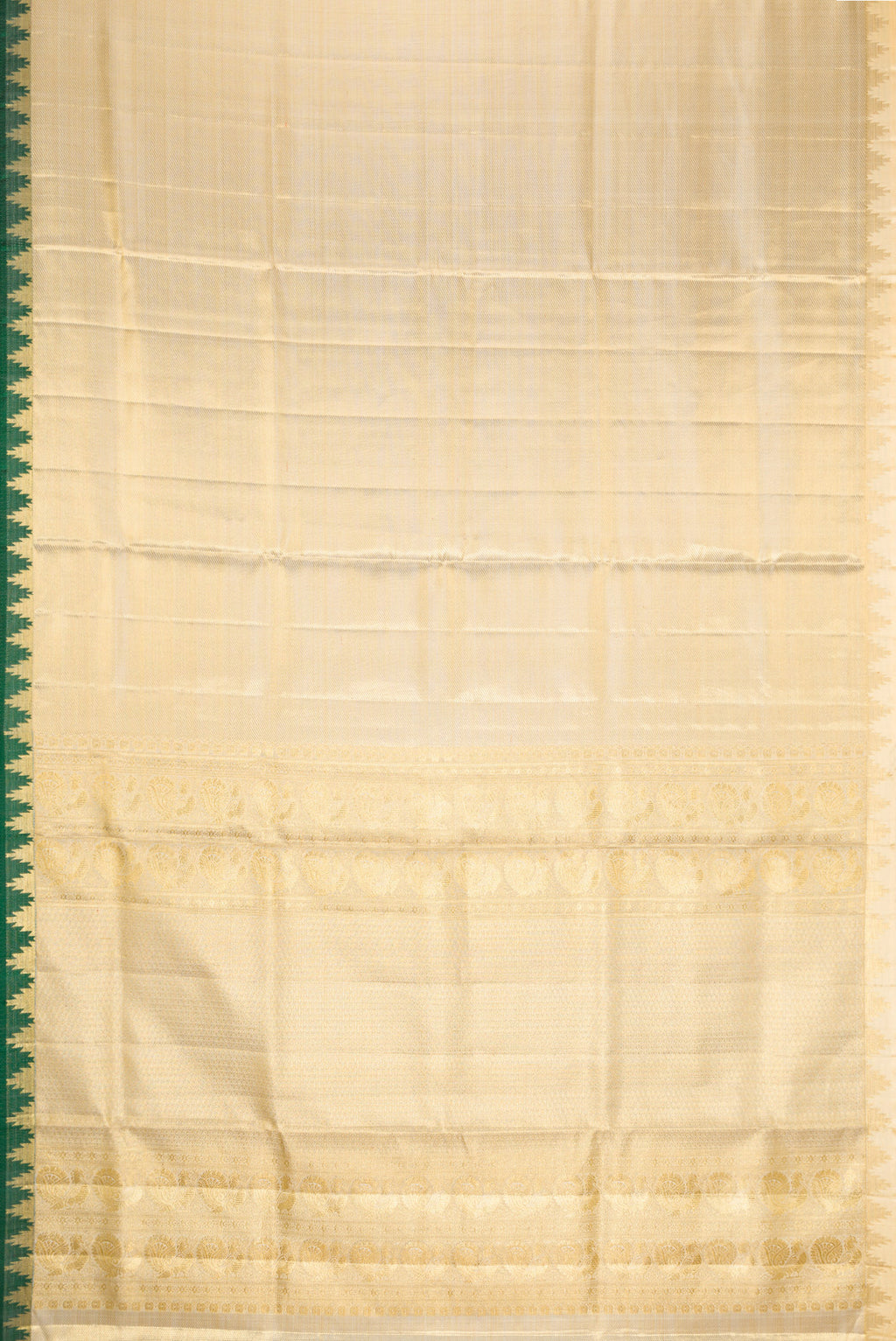 Flat view of Gold Dual Tone Kanjivaram Tissue Silk Saree with Zari Brocade on the body and Temple Border. 