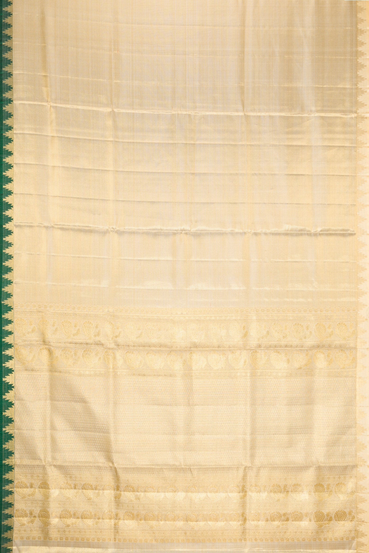Flat view of Gold Dual Tone Kanjivaram Tissue Silk Saree with Zari Brocade on the body and Temple Border. 