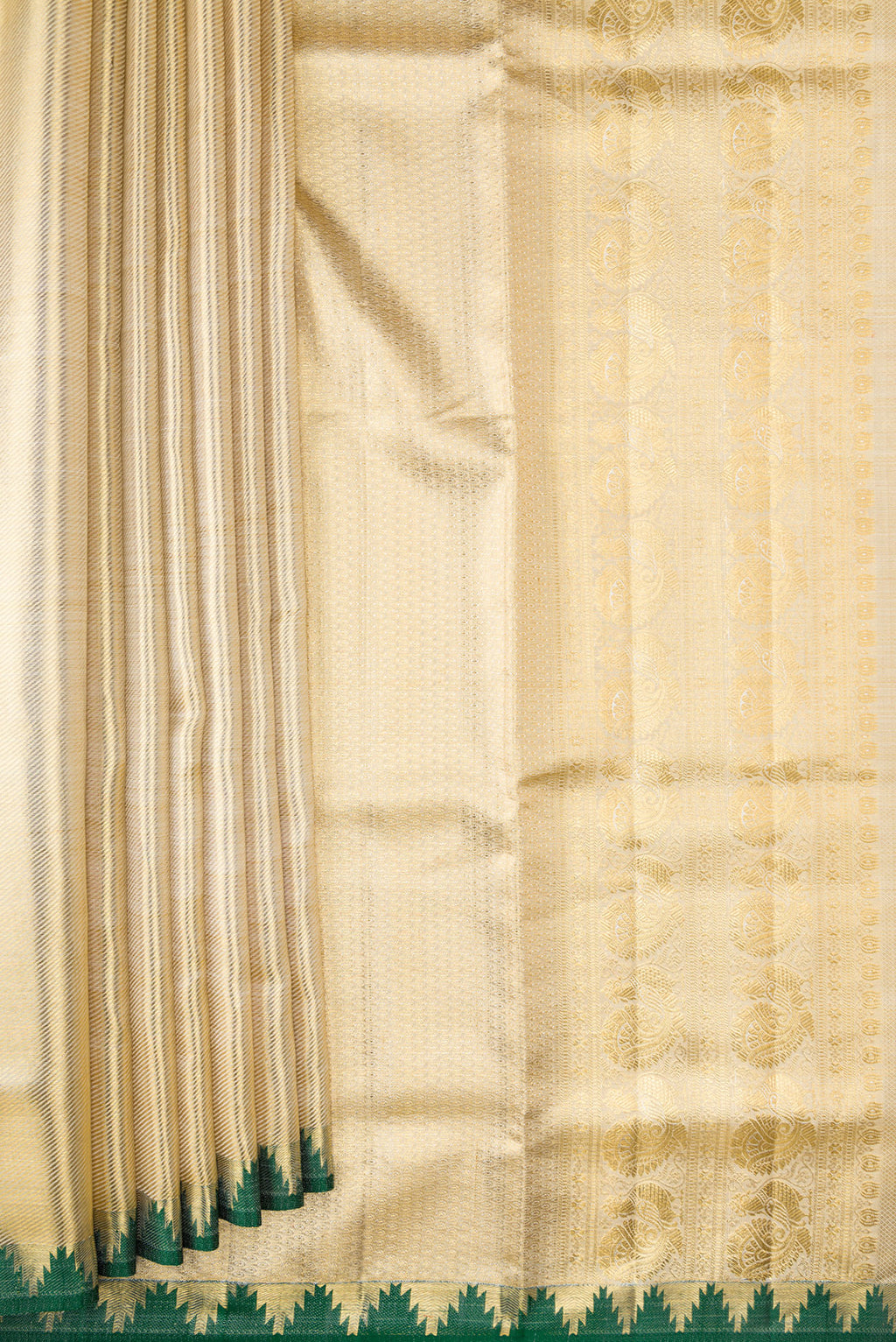 Pleats and pallu of Gold Dual Tone Kanjivaram Tissue Silk Saree with Zari Brocade on the body and Temple Border. 