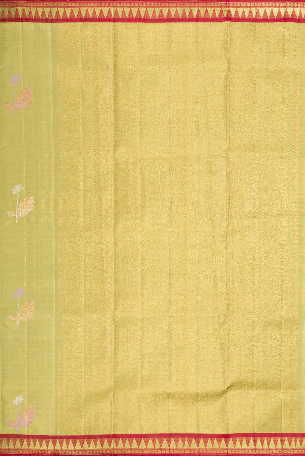 Close up image of the pallu of Pista Green Dual Tone Kanjivaram Tissue Silk Saree with Zari And Thread Butta on the body and Zari Border. 