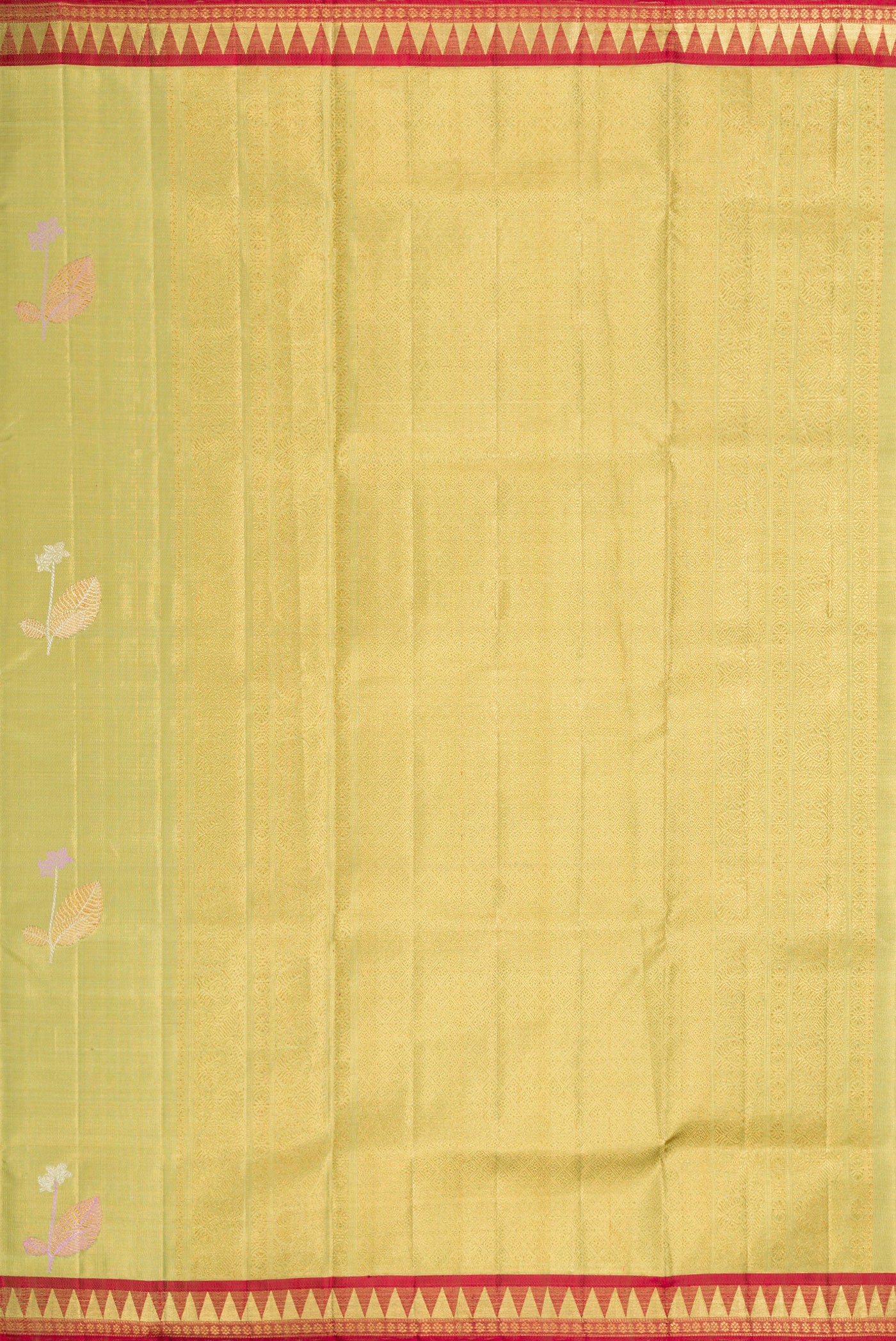 Close up image of the pallu of Pista Green Dual Tone Kanjivaram Tissue Silk Saree with Zari And Thread Butta on the body and Zari Border. 