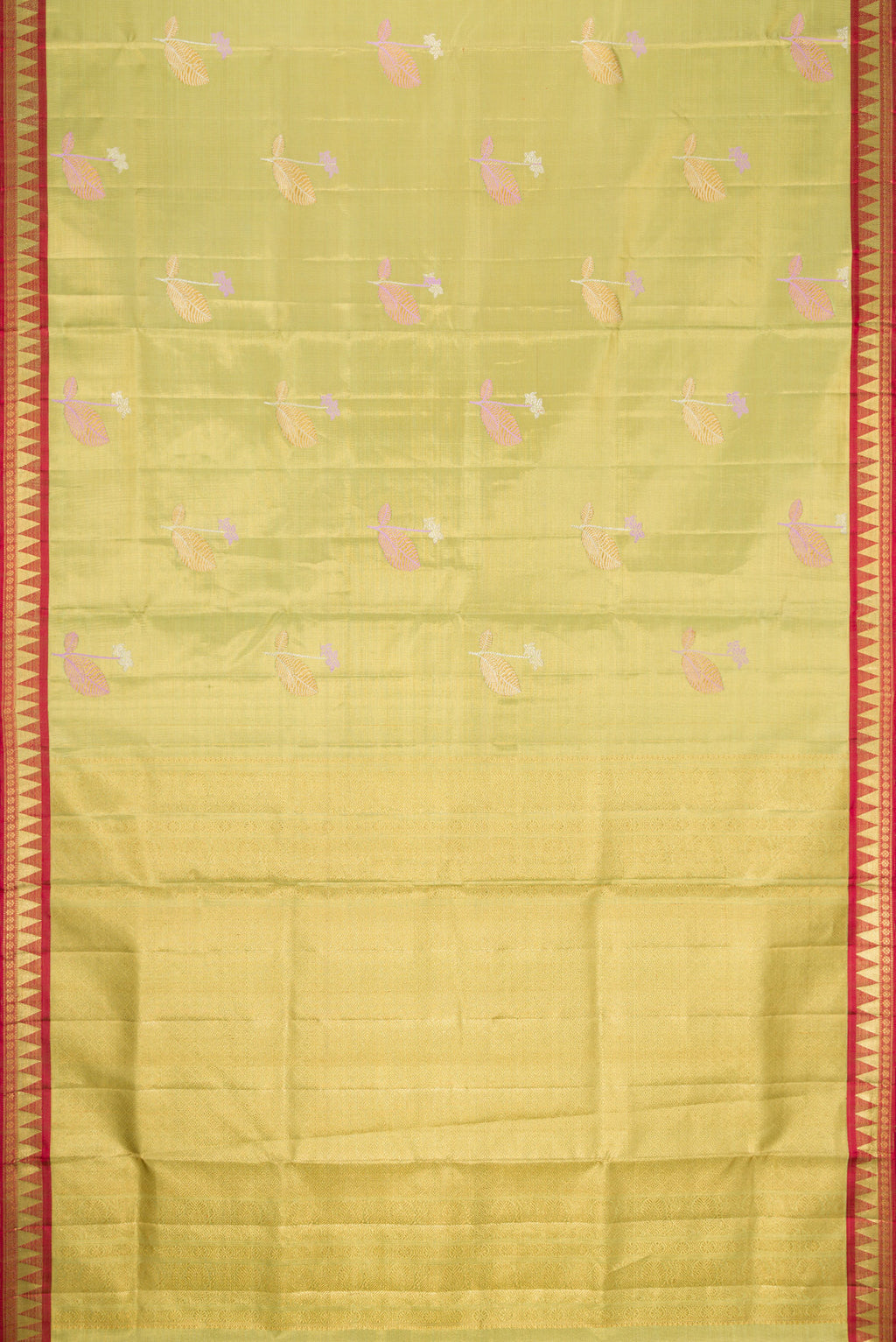 Flat view of Pista Green Dual Tone Kanjivaram Tissue Silk Saree with Zari And Thread Butta on the body and Zari Border. 