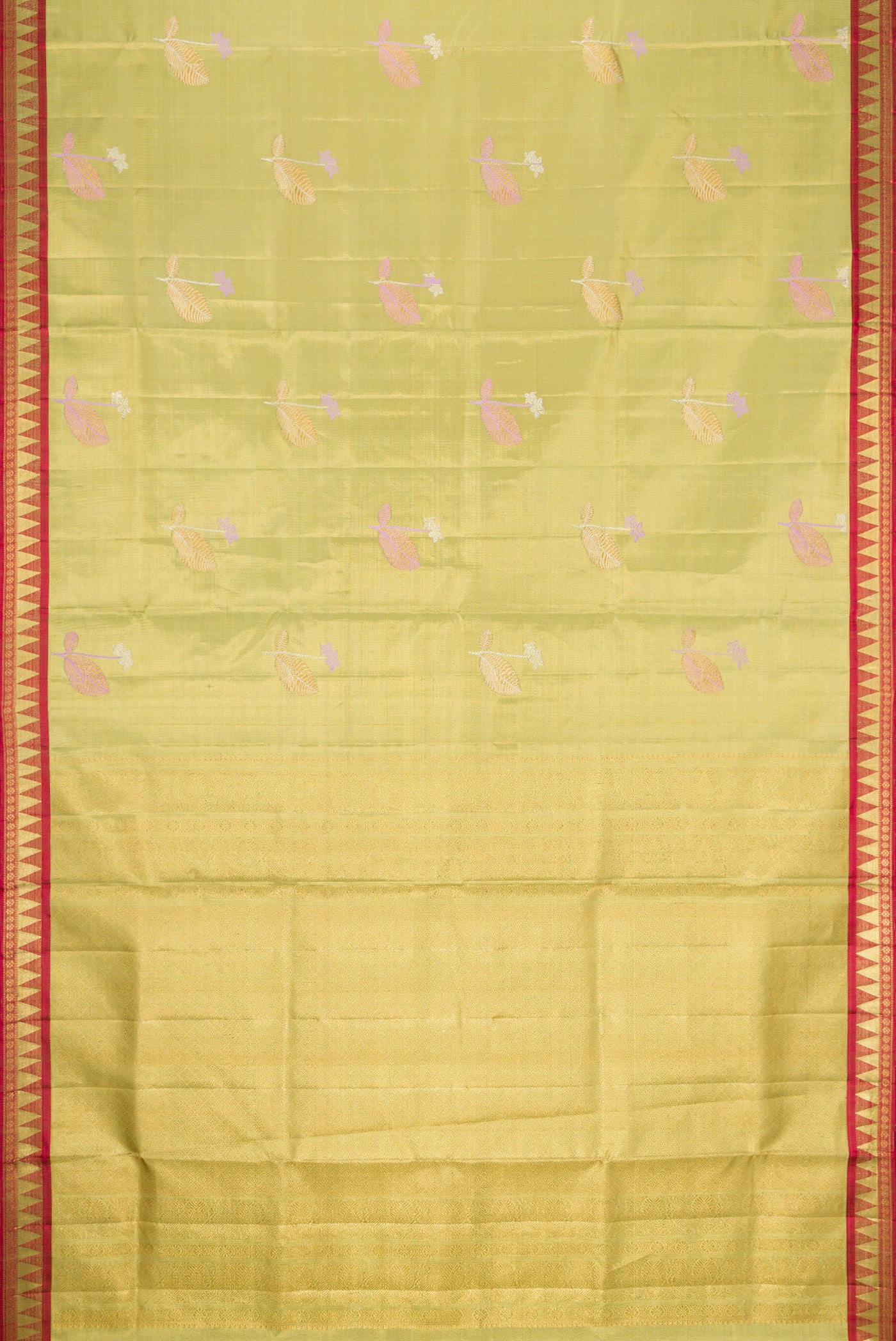 Flat view of Pista Green Dual Tone Kanjivaram Tissue Silk Saree with Zari And Thread Butta on the body and Zari Border. 