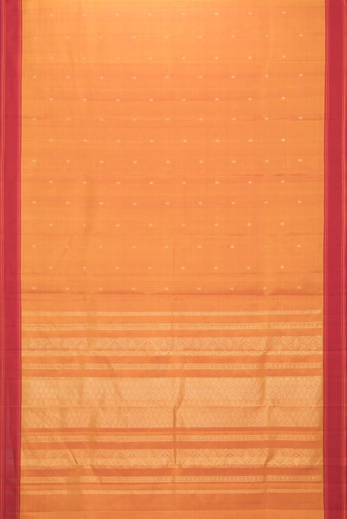 Flat view of Mustard Dual Tone Kanchipuram Saree with Zari Butta on the body and Thread Border. 