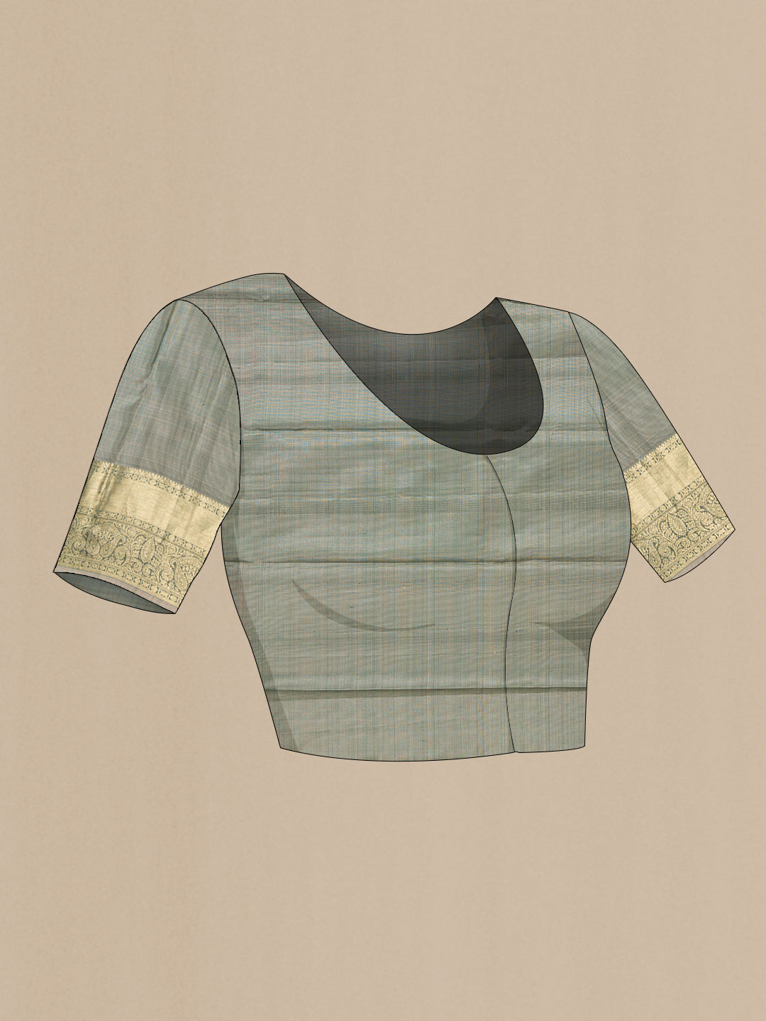 Close up image of the blouse of Grey Kanchipuram Silk Saree with Zari Butta on the body and Zari Border. 
