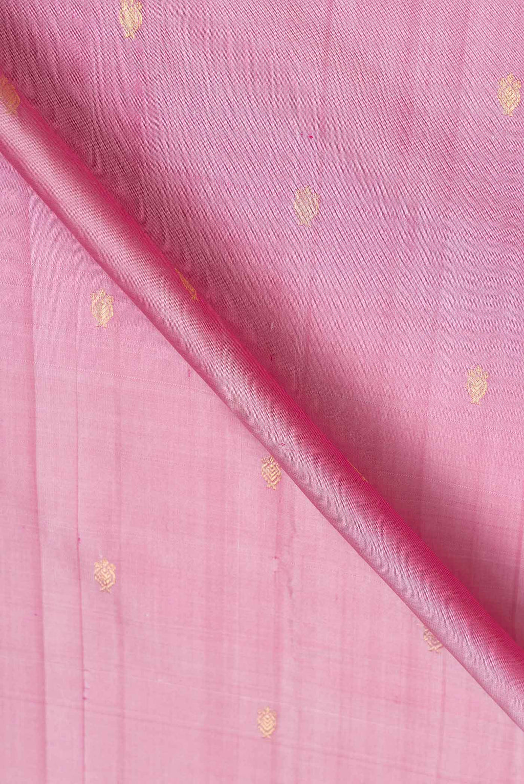 Close up of Pink Dual Tone Kanchipuram Saree with Zari Butta on the body and Thread Border.  displaying folds