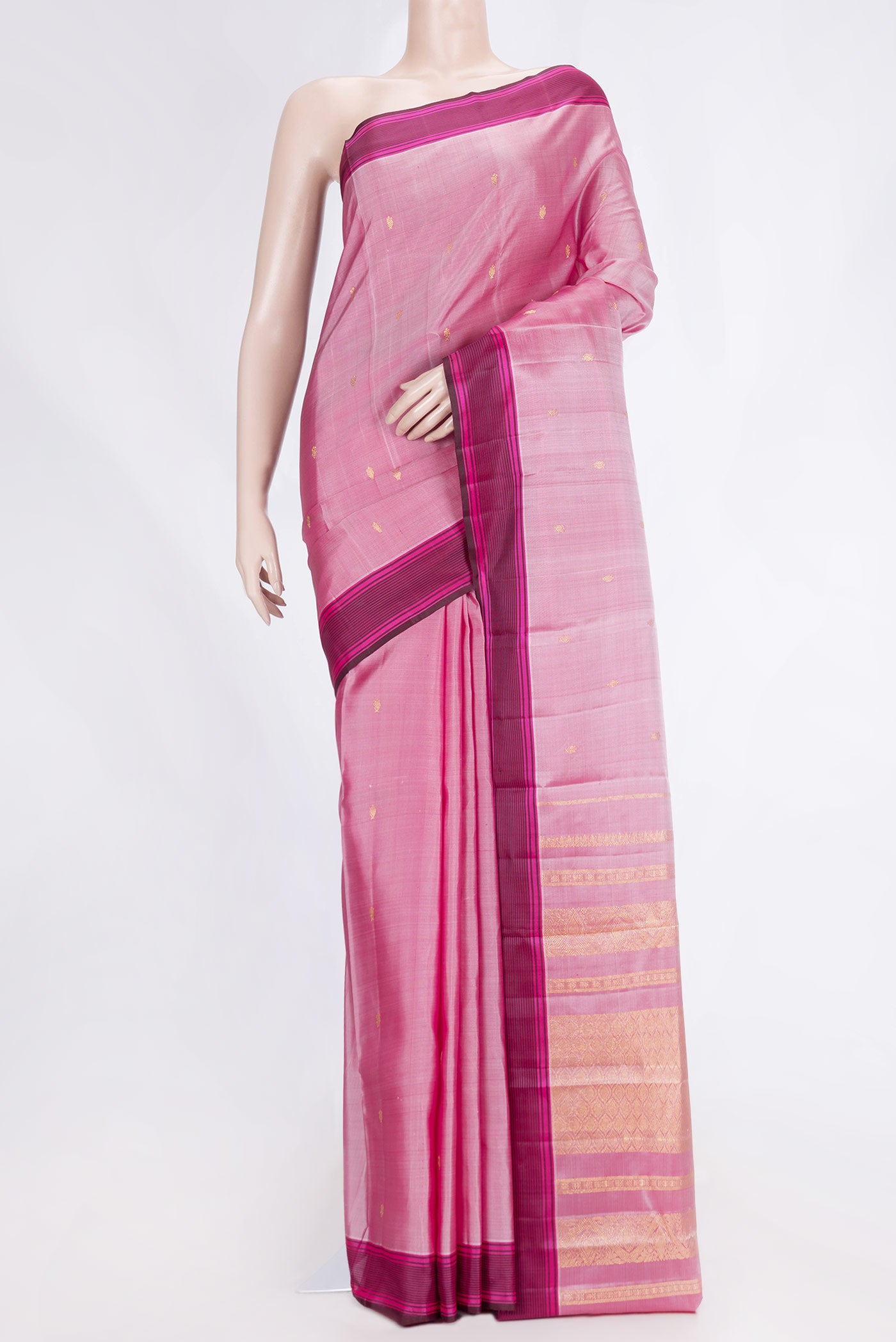 Pink Dual Tone Kanchipuram Saree with Zari Butta on the body and Thread Border.  displayed on a mannequin
