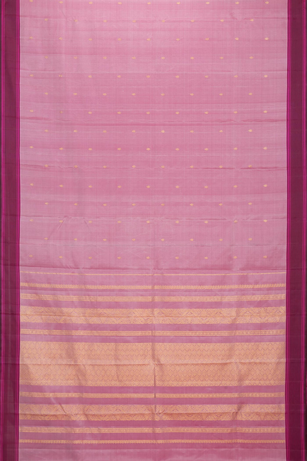 Flat view of Pink Dual Tone Kanchipuram Saree with Zari Butta on the body and Thread Border. 