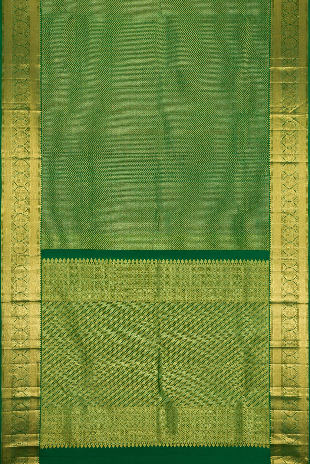 Flat view of Green Dual Tone Kanchipuram Silk Saree with Zari Brocade on the body and Zari Border. 