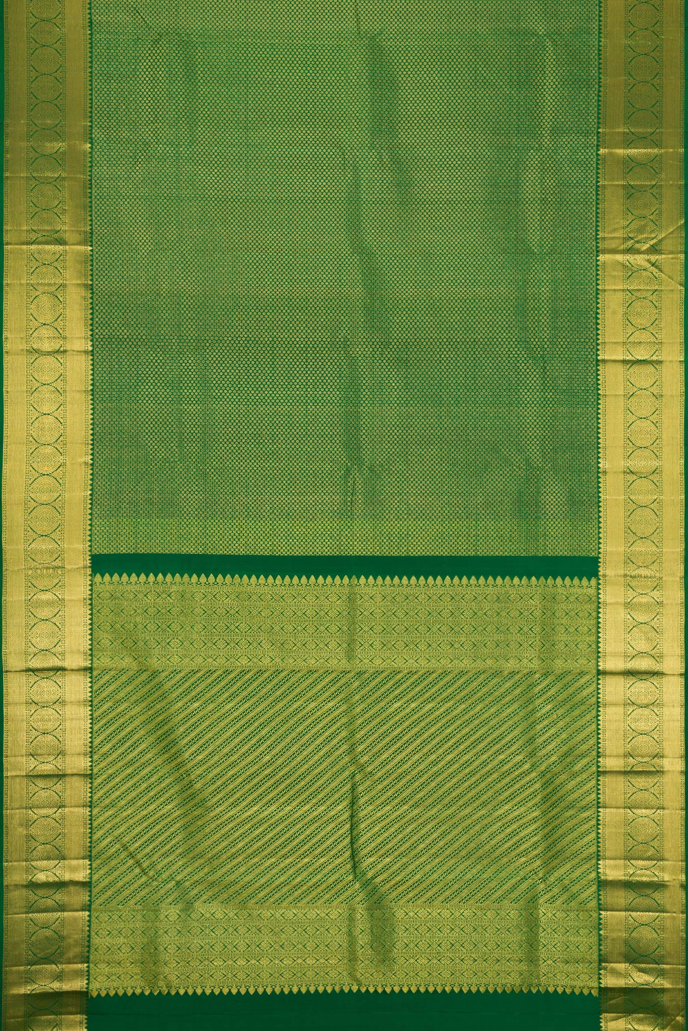 Flat view of Green Dual Tone Kanchipuram Silk Saree with Zari Brocade on the body and Zari Border. 